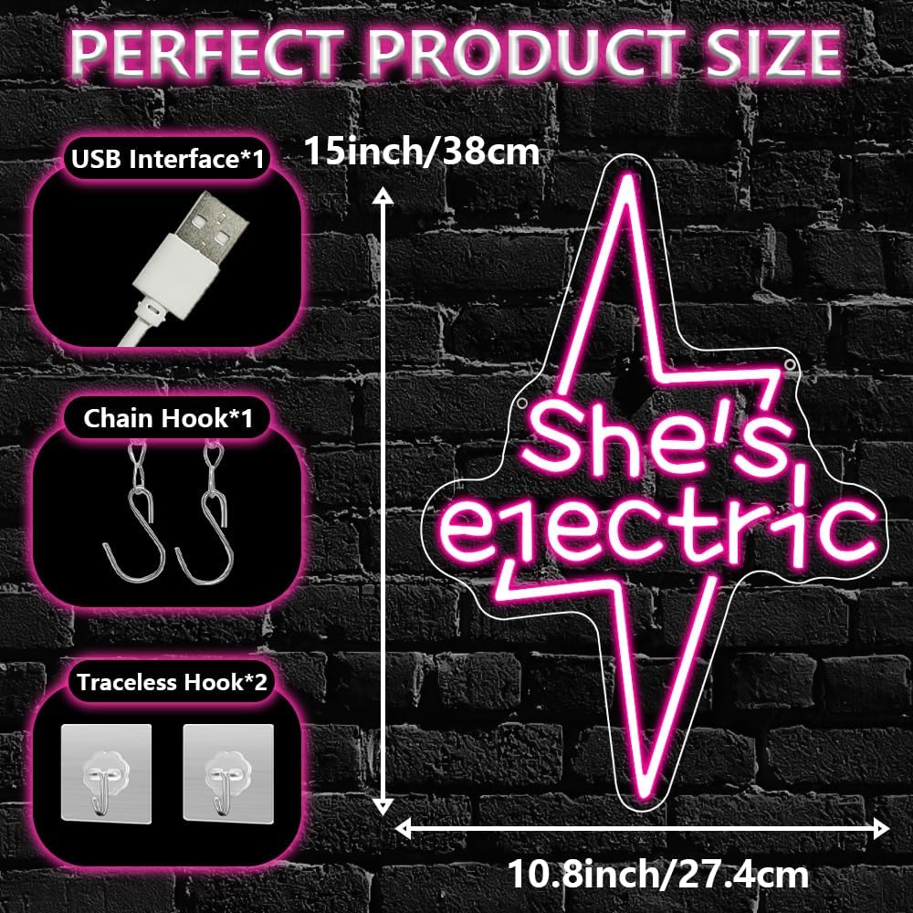 Lightning Bolt Light Up Signs for Wall Decor,Pink She's Electric Neon Sign for Birthday Live Music Concert Bedroom Club Party,Music LED Gift for Girls Teens Men Women USB Powered（15"*10.8"）