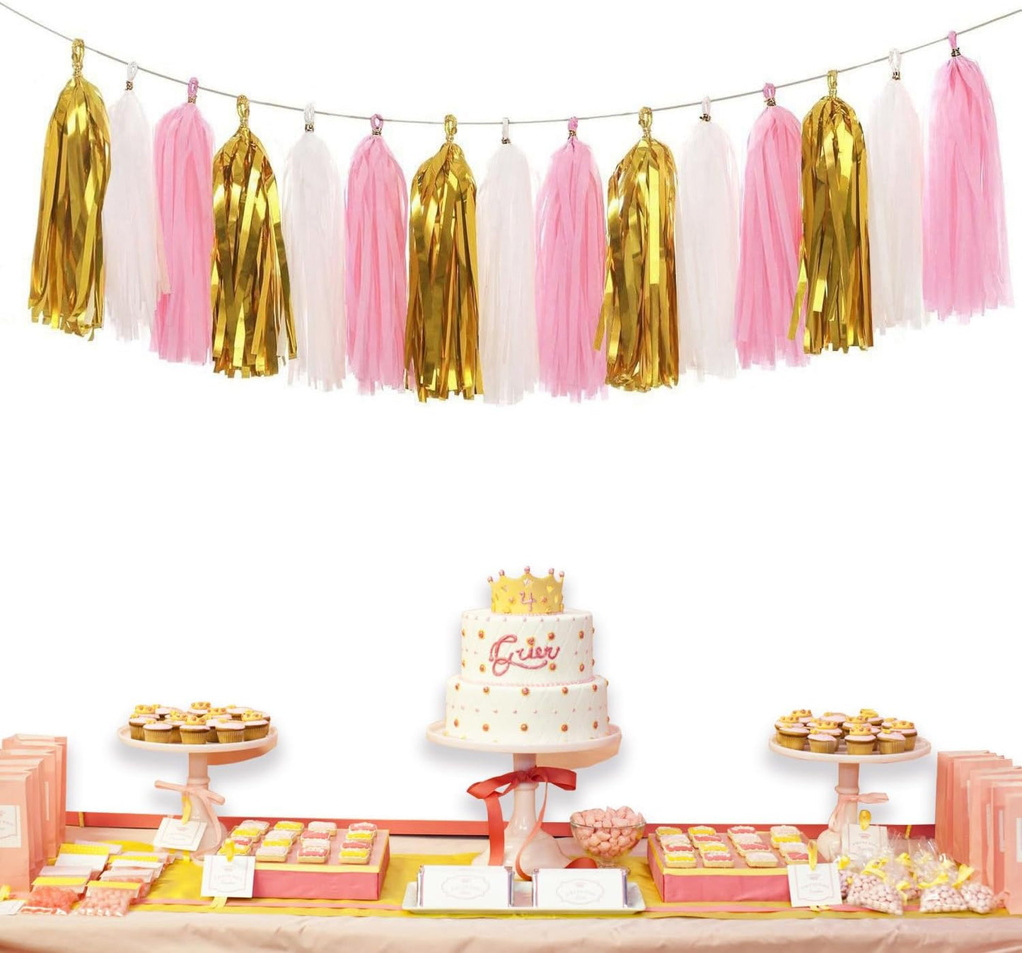 Paper Tassel Garland Banner - Tissue Paper Tassels for Bridal Shower, Wedding, Baby Shower, Birthday Decorations (Metallic Gold+Pink+White), 15 PCS