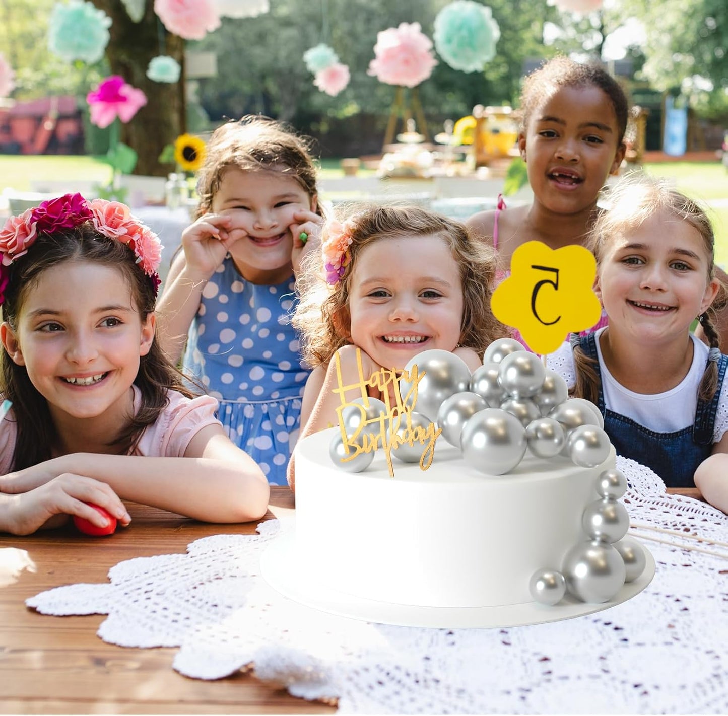 MIAHART Ball Cake Toppers Boho Grass Cake Topper Ball Cake Insert Decoration for Birthday Wedding Baby Shower Party Decorations Boho Themed Party Supplies (Silver)