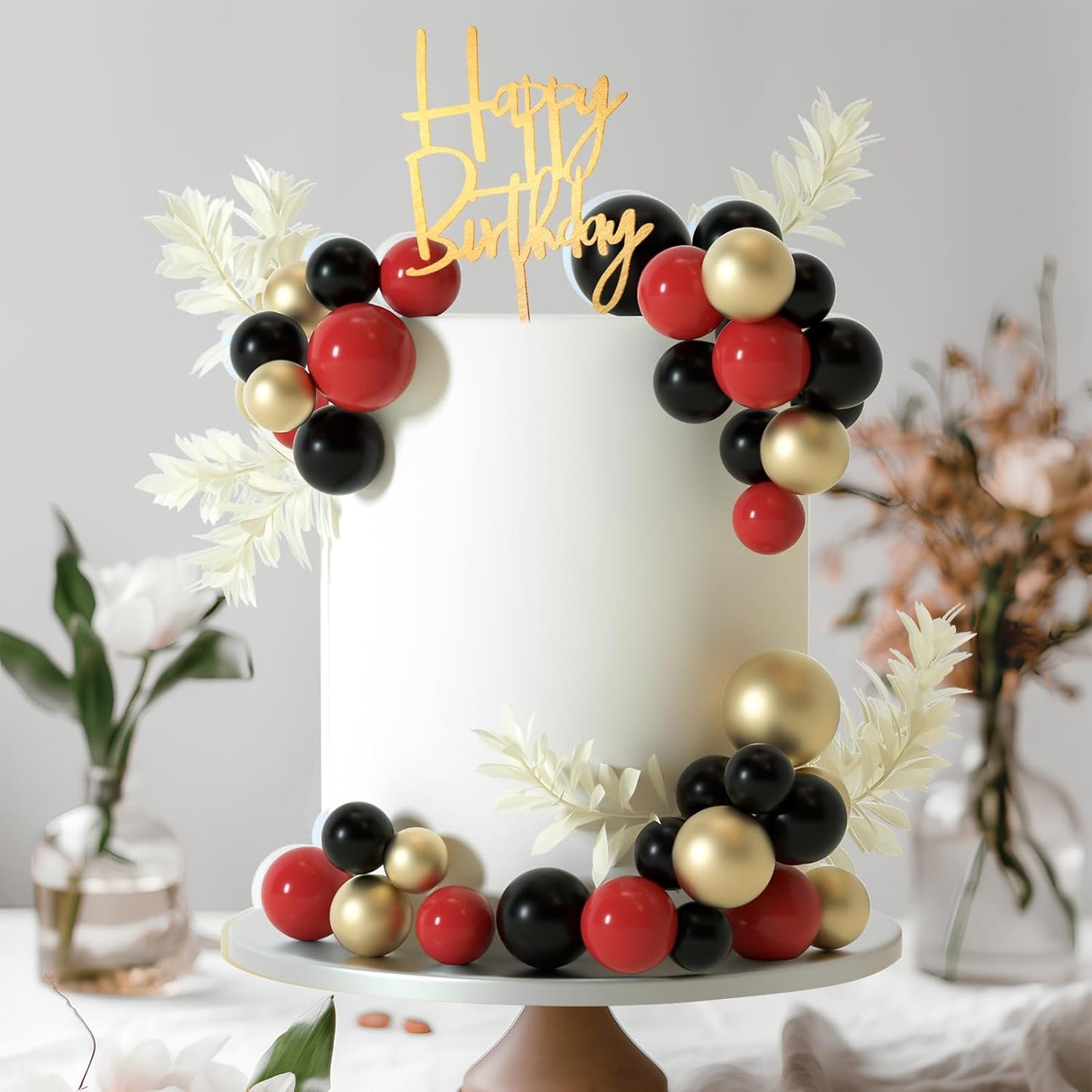 MIAHART Ball Cake Toppers Boho Grass Cake Topper Ball Cake Insert Decoration for Birthday Wedding Baby Shower Party Decorations Boho Themed Party Supplies (Red,black,gold)