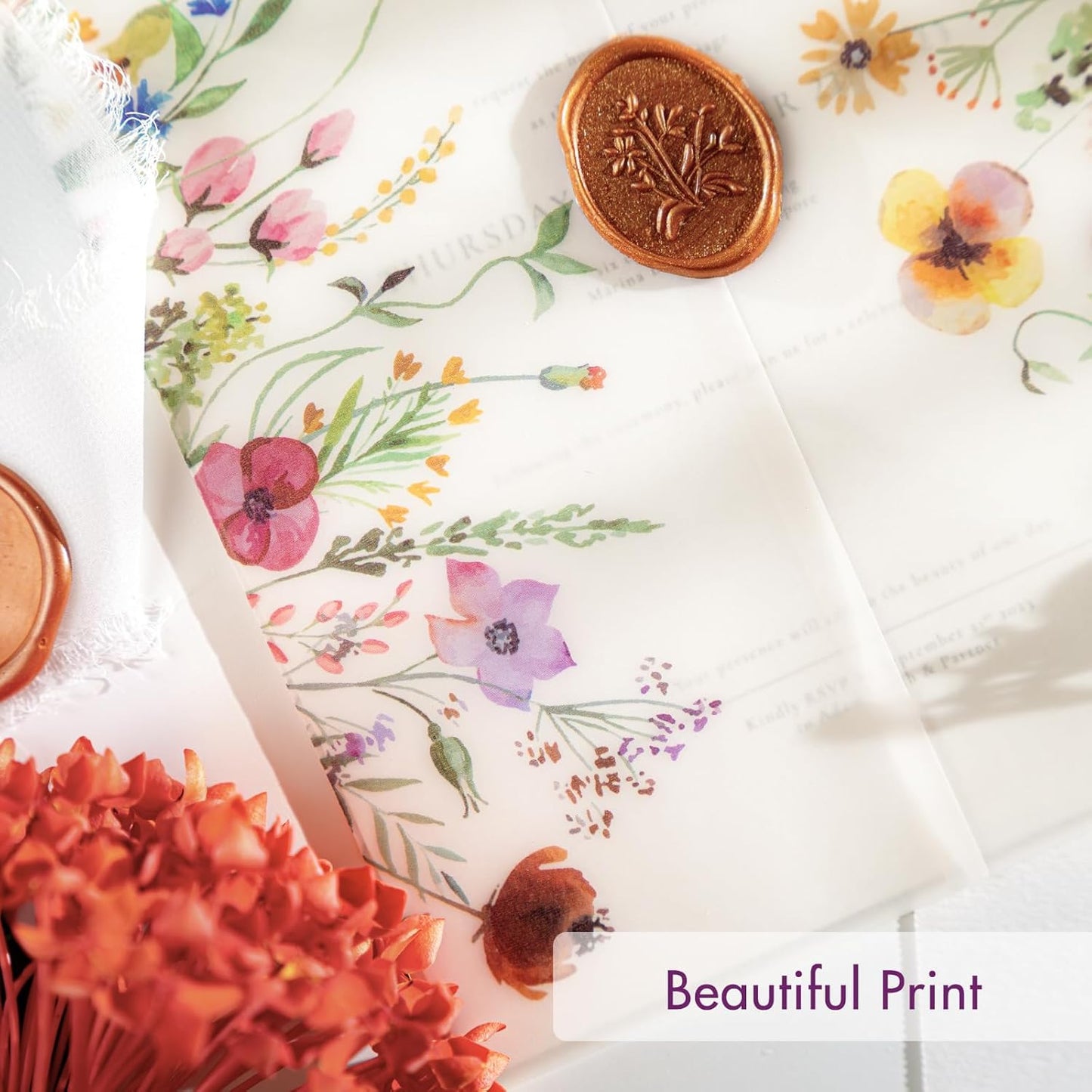 50 Pack Pre-Folded Vellum Jackets for 5x7 Invitations,AZAZA Pretty Translucent Invitation Sleeves,115GSM Vellum Jackets 5x7, Wedding Invitation Accessories,for Weddings Birthdays,Wildflowers