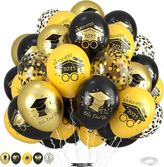 2025 Graduation Balloons, 12 Inch Black and Gold Congratulations Congrats Confetti Balloons for Graduation Party Black and Gold Birthday Decorations