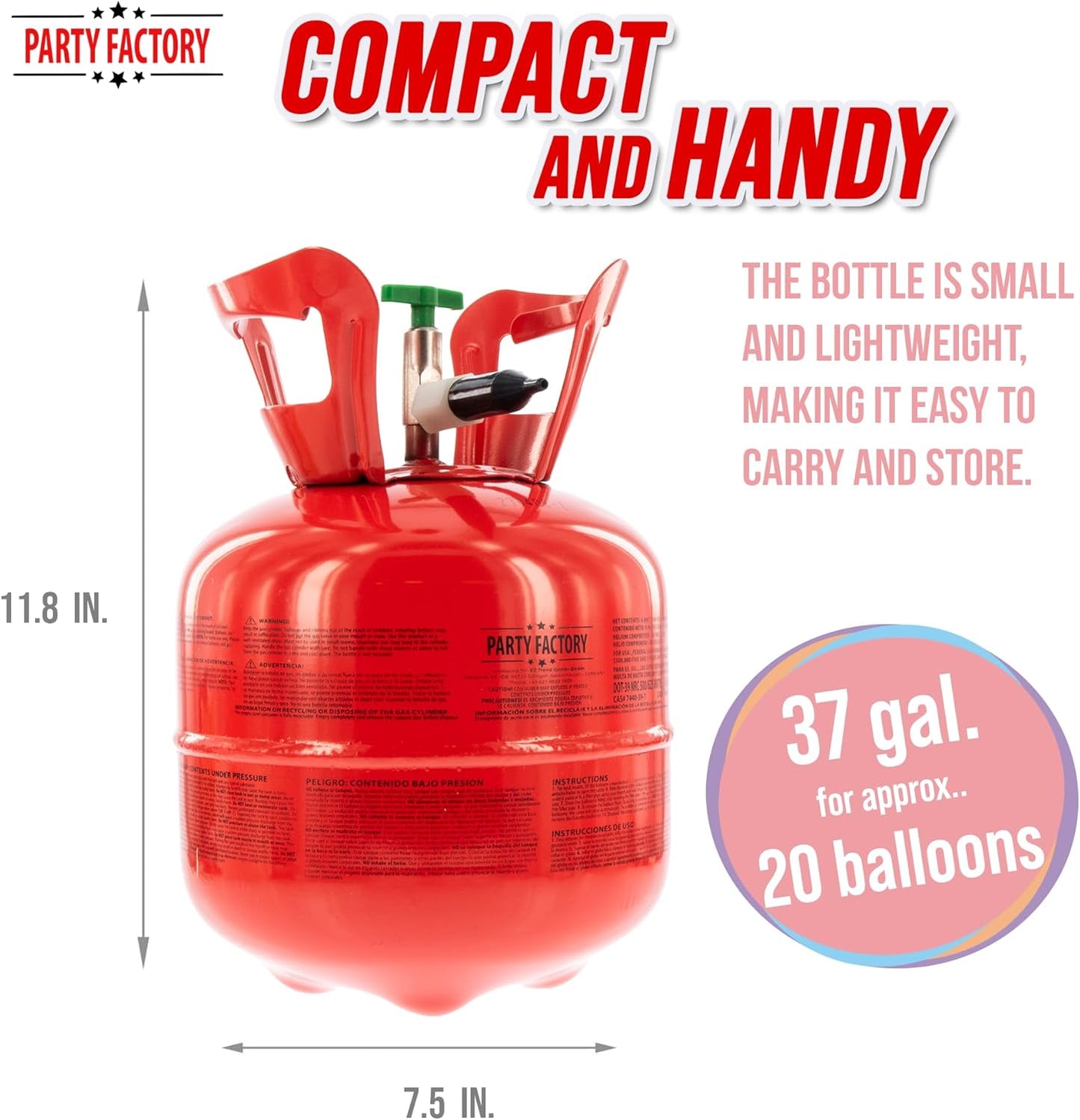 Party Factory helium tank for 20 balloons, helium cylinder 5 cu. ft. gas, ideal for birthday party, wedding