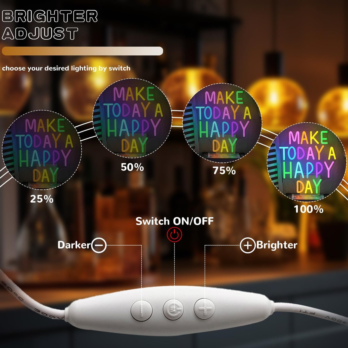 Make Today A Happy Day Neon Sign, Inspirational Colorful Letter Neon Light for Wall Decor, Dimmable Motivation LED Light Sign for Bar Cafe Restaurant Office Living Room Wedding