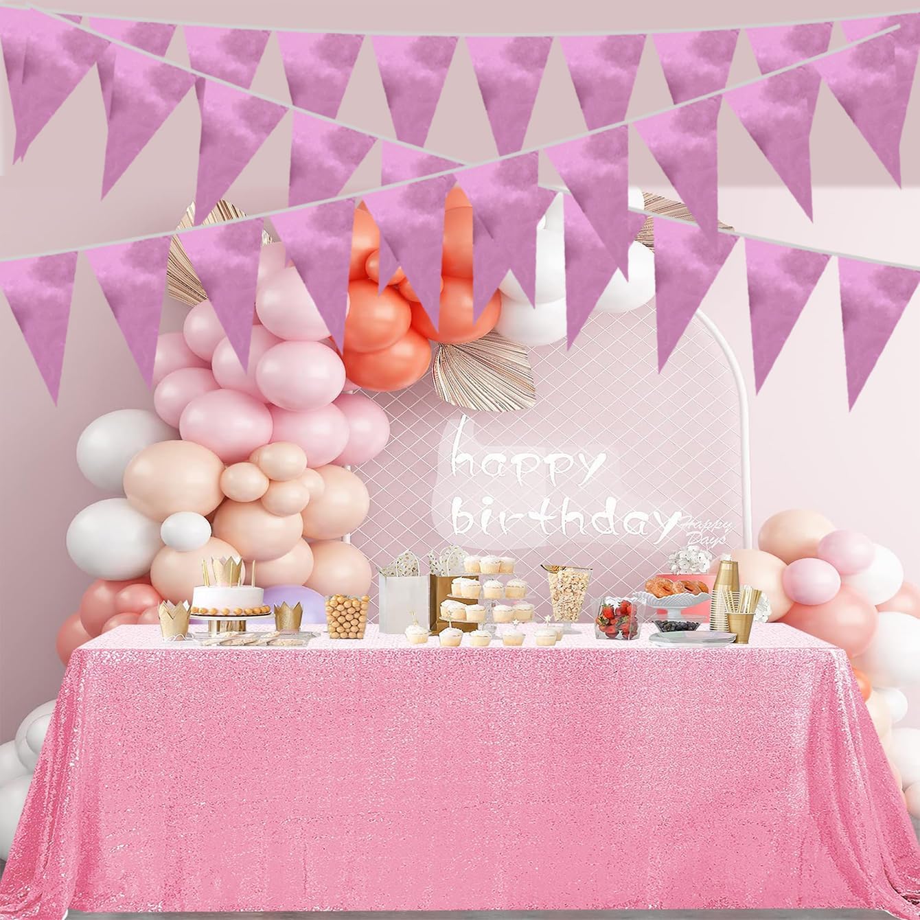 40M/130FT Pink Triangle Pennant Banner Flag Metallic Fabric Bunting Garland for Christmas Graduation Wedding Engagement Anniversary Bachelorette Birthday Bridal Shower Valentines Hen Party Supplies