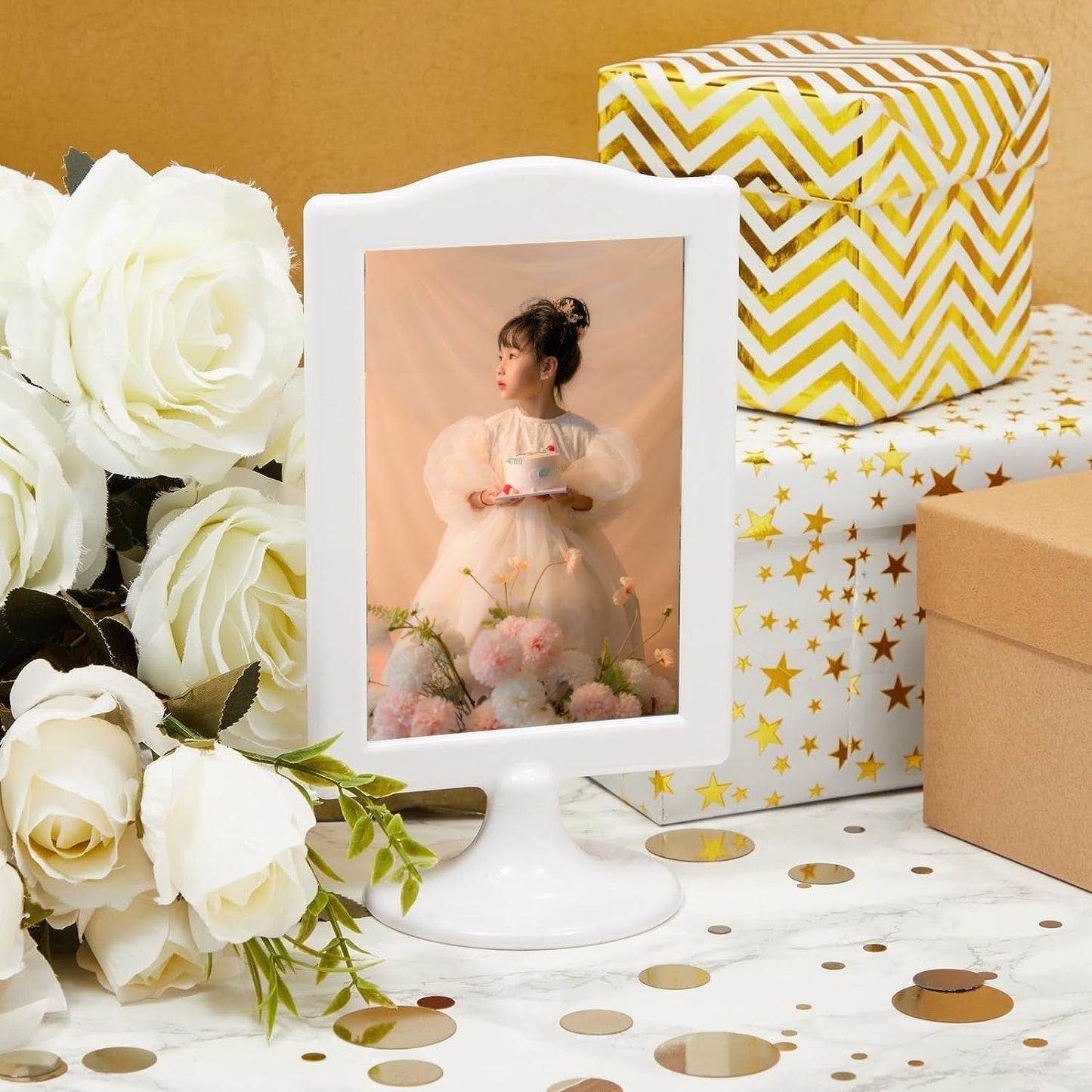 NahNah Double Sided Standing Picture Frames - (White, 8 Count) 4x6 Inch, Plastic Pedestal Photo Frame with Inserts and Base - 2 Sided Tabletop Vertical Display Frame for Wedding Table Bridal