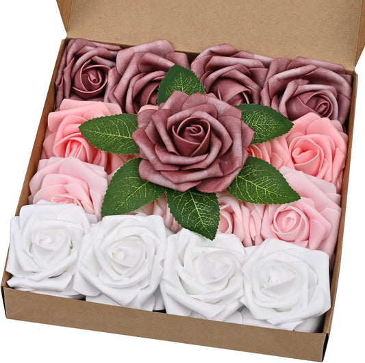 BLEUM CADE 16Pcs Artificial Flowers Fake Roses with Stems, Gradient Dusty Rose Boxed Foam Roses for DIY Bouquets Centerpieces Wedding Party Arrangement Bridal Shower Decor