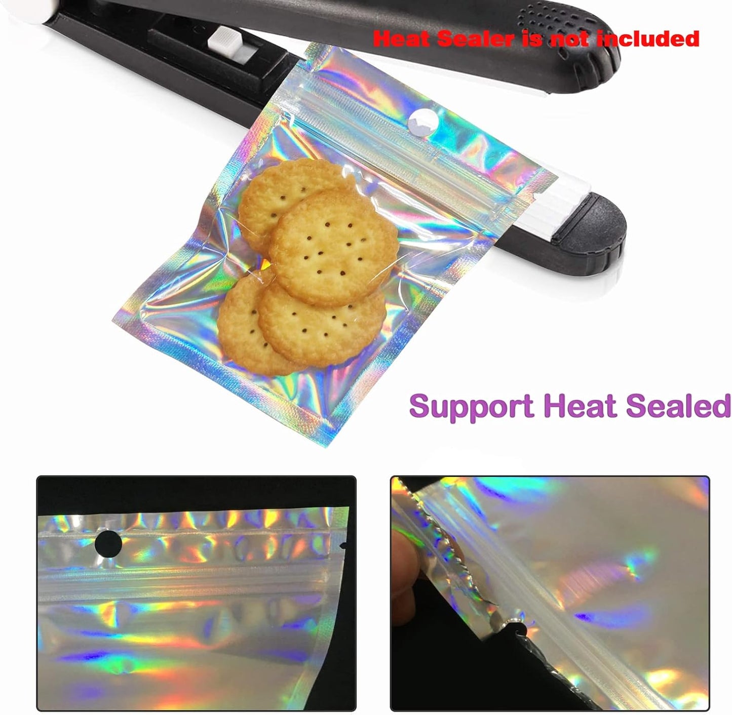 Resealable Foil Pouch Bag [100 PCS ] Great for Party Favor Food Storage (Holographic Color, 3 x 4 Inch)