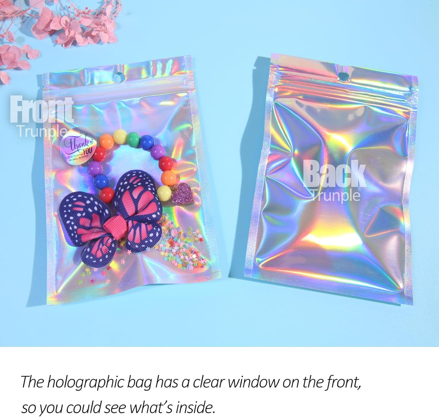 100 Pcs Holographic Resealable Packaging Bags for Small Business Supplies, Cute Small Color Smell Proof Foil Pouch Plastic Baggies for Lip Gloss Soap Party Food Storage (4x6 inch)