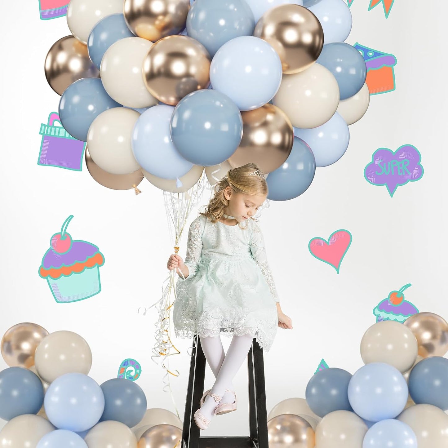 100pcs Dusty Blue and Gold Balloons, 12 Inch Haze Blue Sand White & Metallic Champagne Gold Balloons for Baby Shower Boho Wedding Bridal Shower Party Supplies (66ft Ribbons)