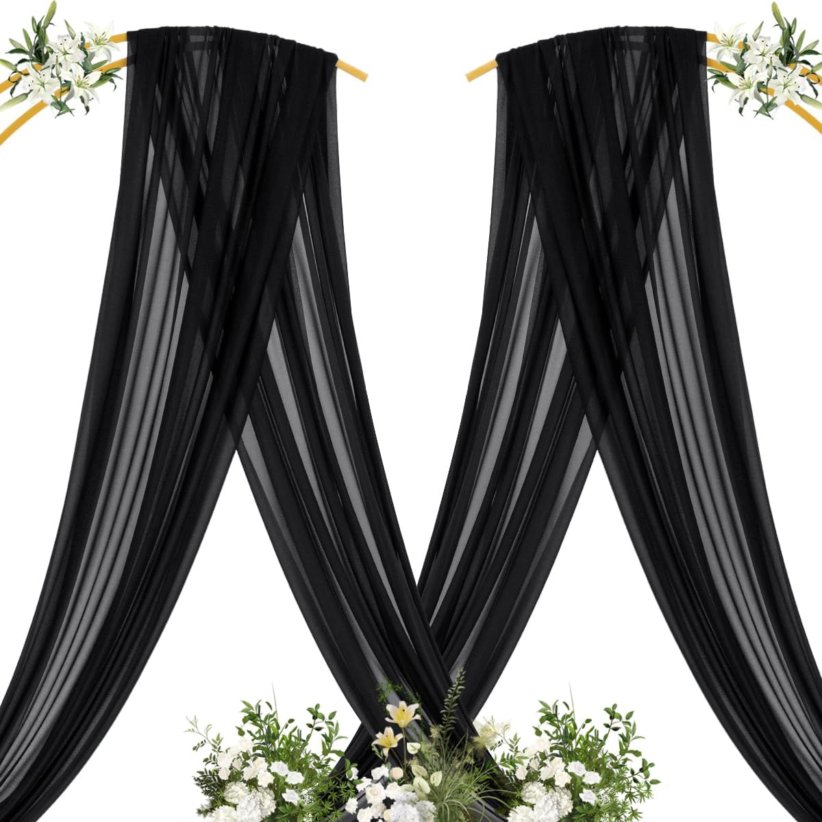 MLMC Black Wedding Arch Draping Fabric 2 Panels 29" x 20 FT Extra Long Gauze Drapes Sheer Backdrop Curtains 6.6 Yards Outdoor Drapery Panels for Wedding Ceremony Party Ceiling Decoration