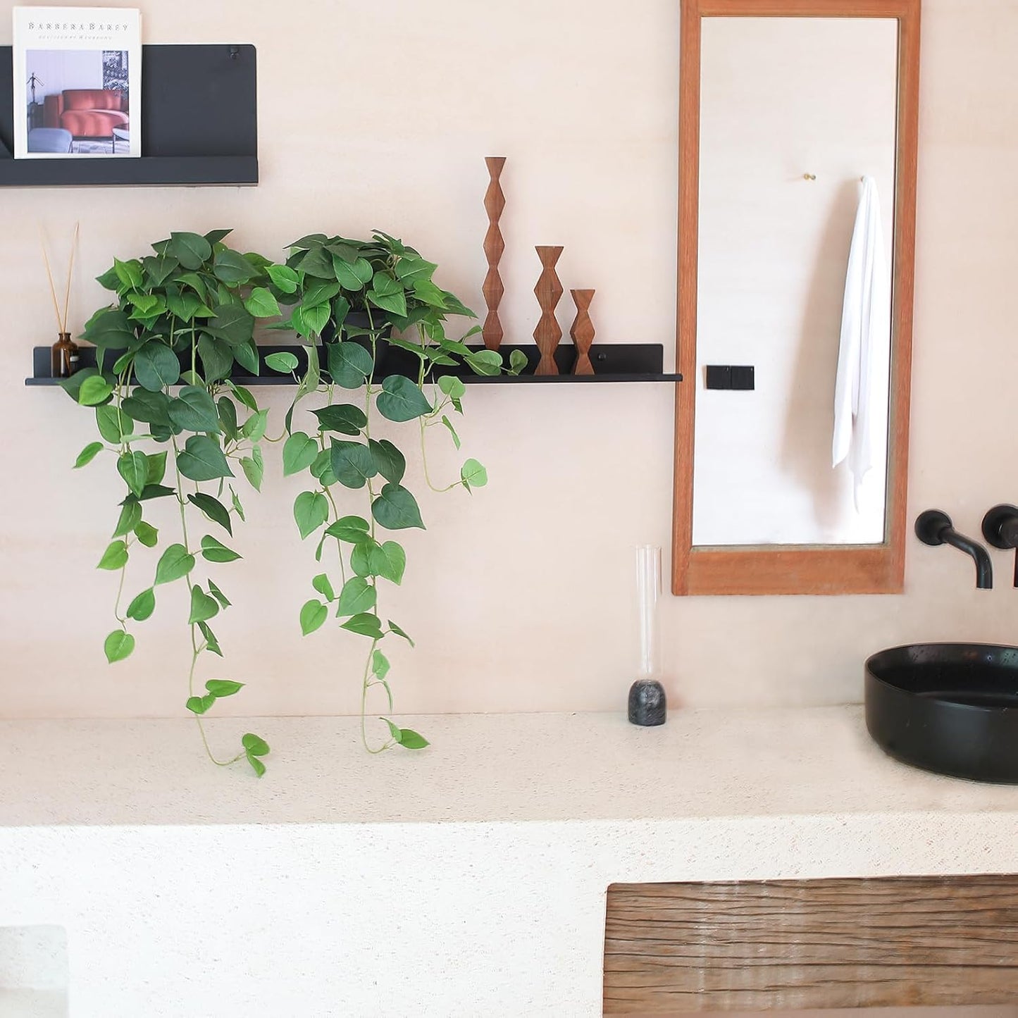 Fake Pothos Hanging Plants – 33" Set of 2 Faux Ivy Vines with Pots, Realistic Silk Devil’s Ivy for Indoor Décor, Low Maintenance Artificial Greenery for Home or Office (Green)