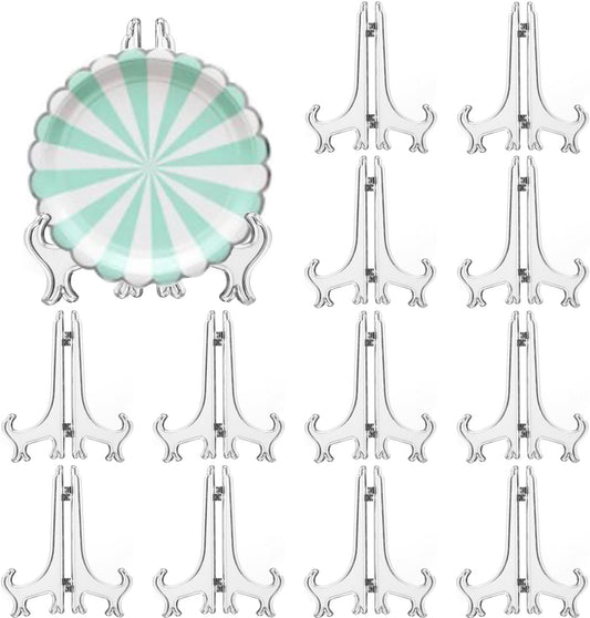 12 Pack 5 Inch Clear Plastic Easels or Stand/Plate Holders to Display Pictures or Other Items at Weddings, Plate Stands for Home Decoration, Birthdays, Tables