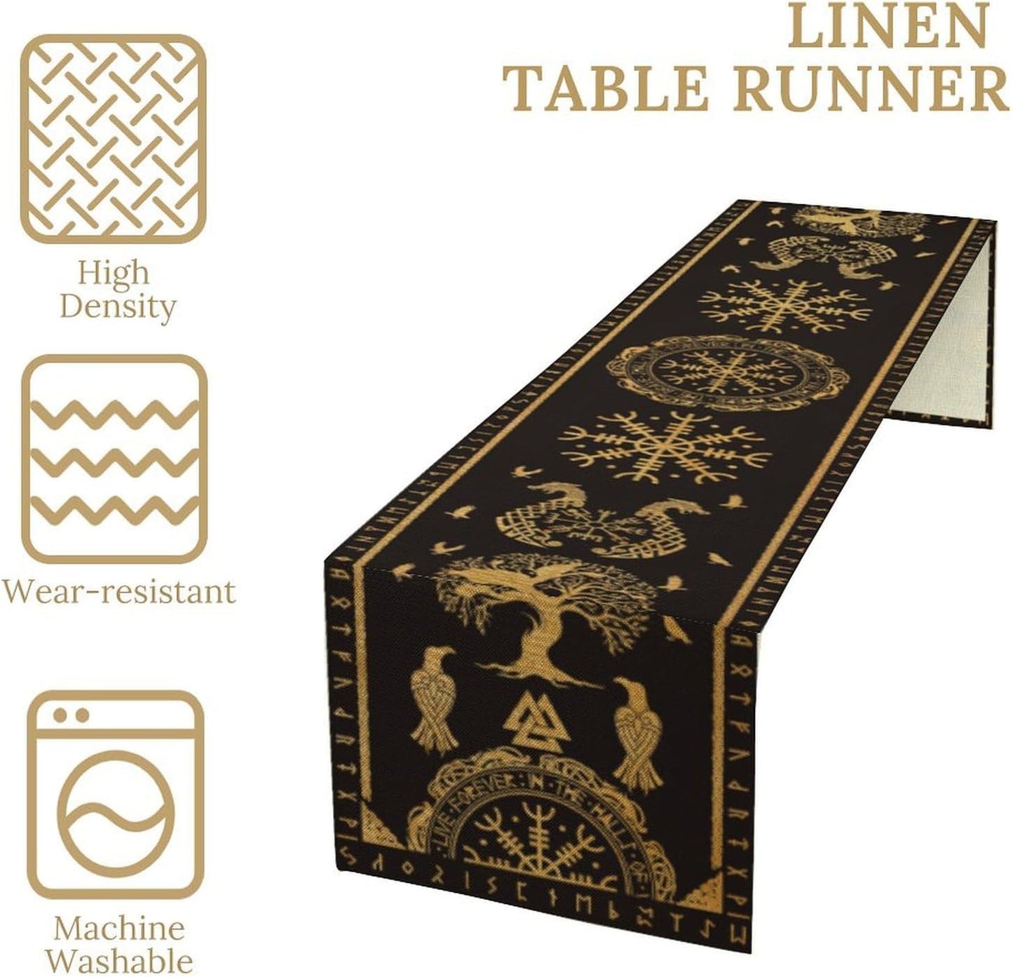 Viking Tree of Life Abstract Table Runner for Living Room Home Party Coffee Dining Party Wedding Golden Black Celtic Style Geometric Dragon Boat Rudder Ancient Script Table Runner 13x108 Inch
