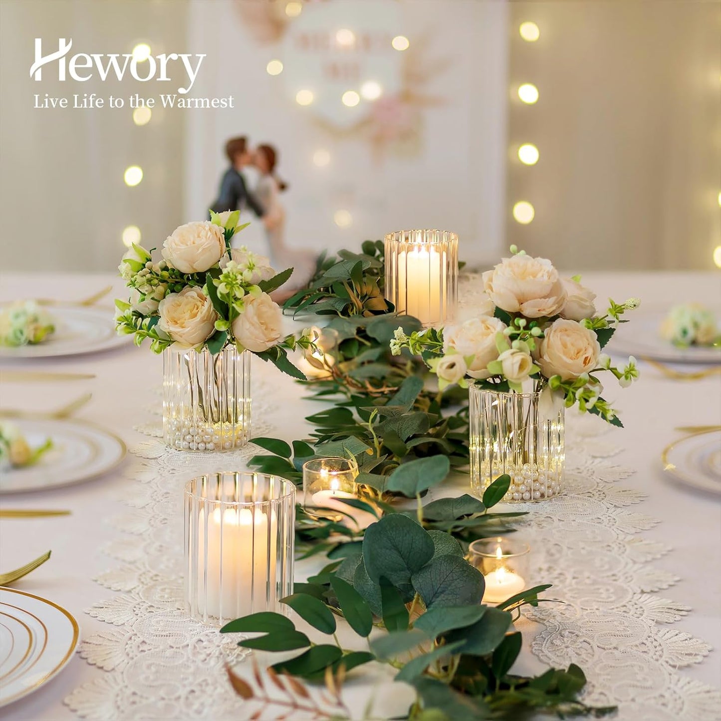 Hewory 24PCS Small Glass Hurricane Candle Holders Bulk - Short Clear Cylinder Vases for Centerpieces, Low Ribbed Vase for Wedding Reception Anniversary Baby Shower Events Party Home Table Decor