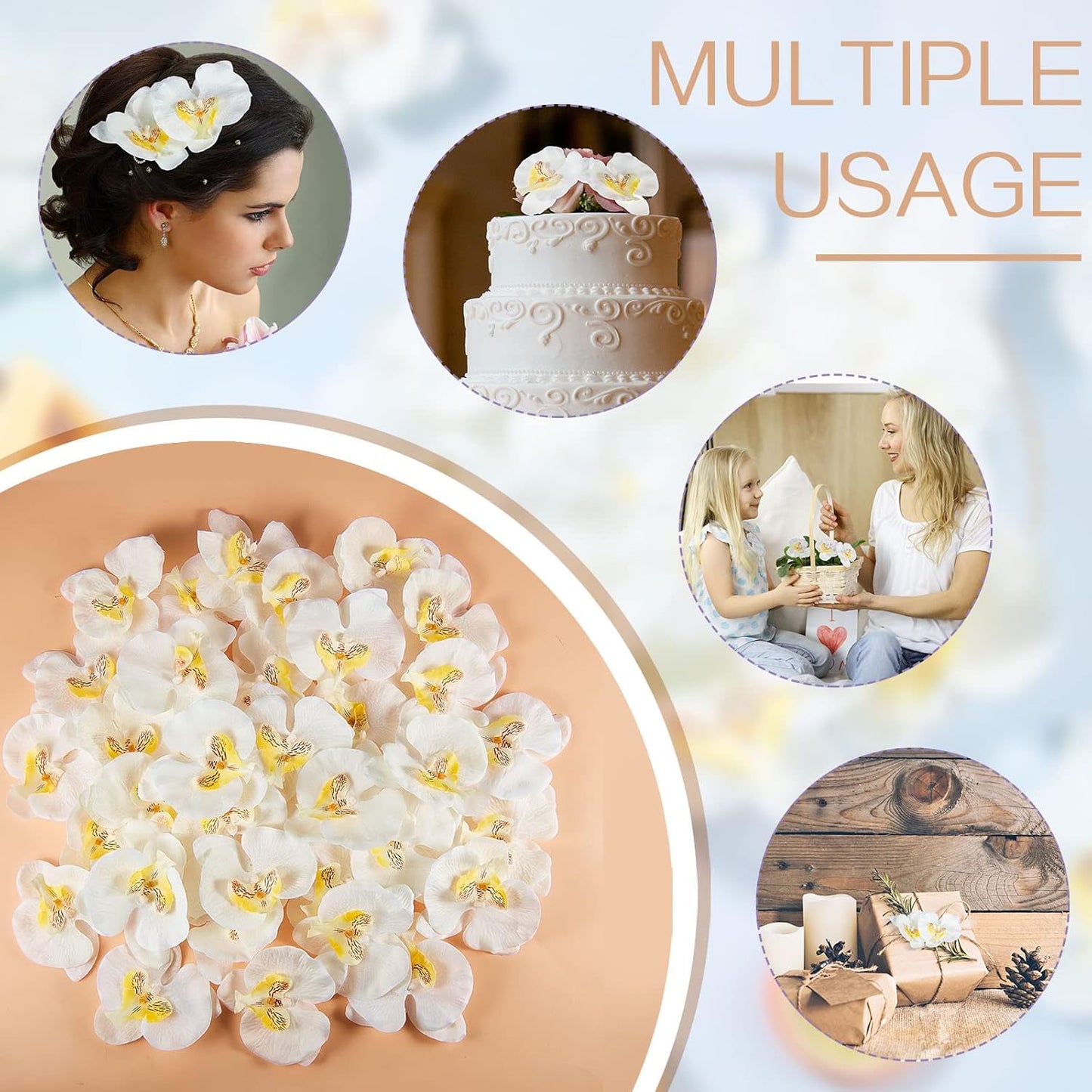 40 Pieces Orchid Petals Artificial Decorations Wedding Party Orchids Heads Flowers Faux Silk Phalaenopsis Butterfly Flower Heads for DIY Craft Home (White)