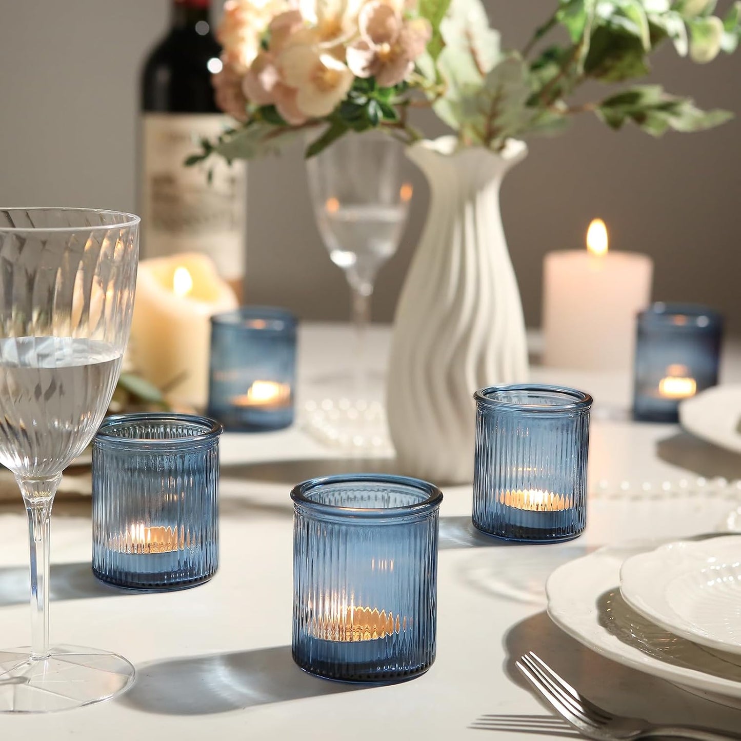 36pcs Votive Candle Holders, Blue Glass Votives Ribbed Tea Light Candle Holders Bulk for Baby Shower, Tea Lights Candles Holder for Home Party Wedding Decoration & Gift