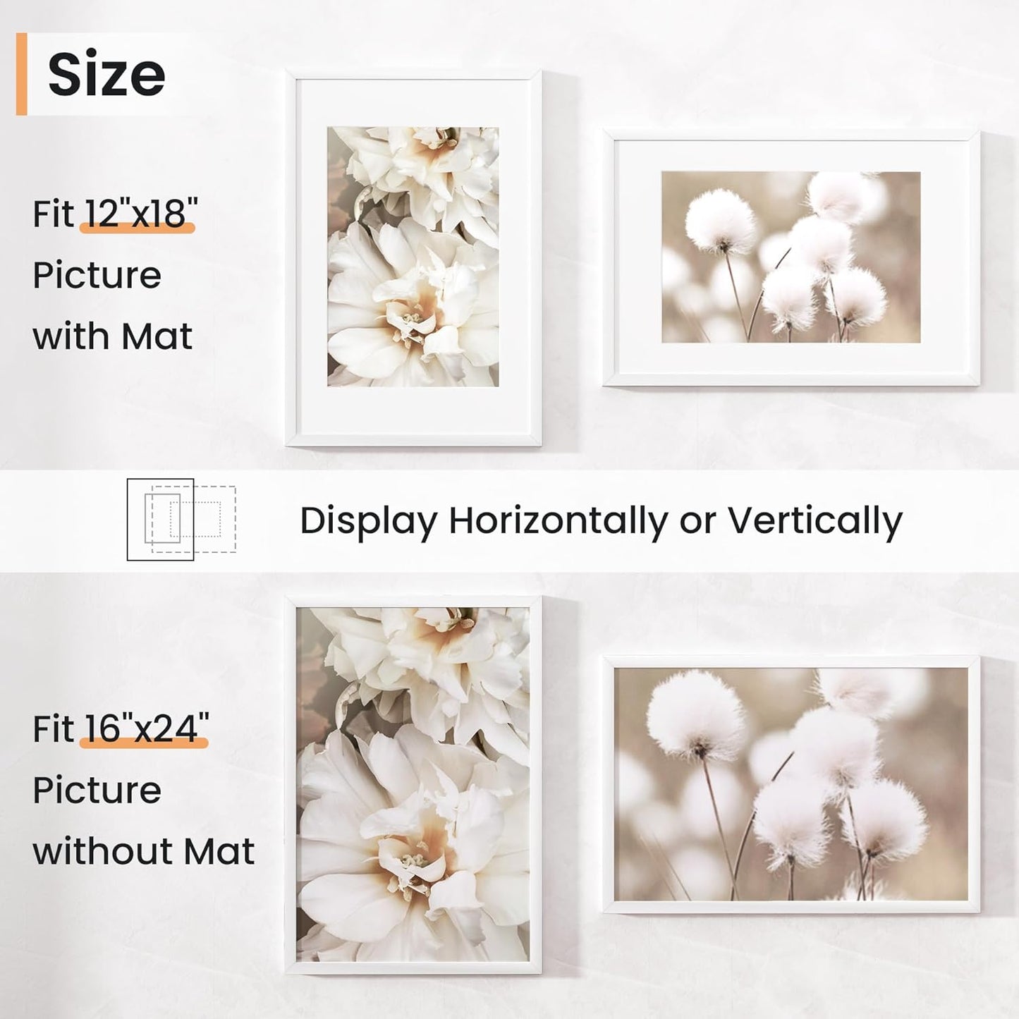 16x24 inch Picture Frame, 16x24 Photo Frames with 12x18 Removable Mat - High Definition Plexiglass - Vertical and Horizontal Display - Wall Hanging Poster Frame - White, 3 Pack