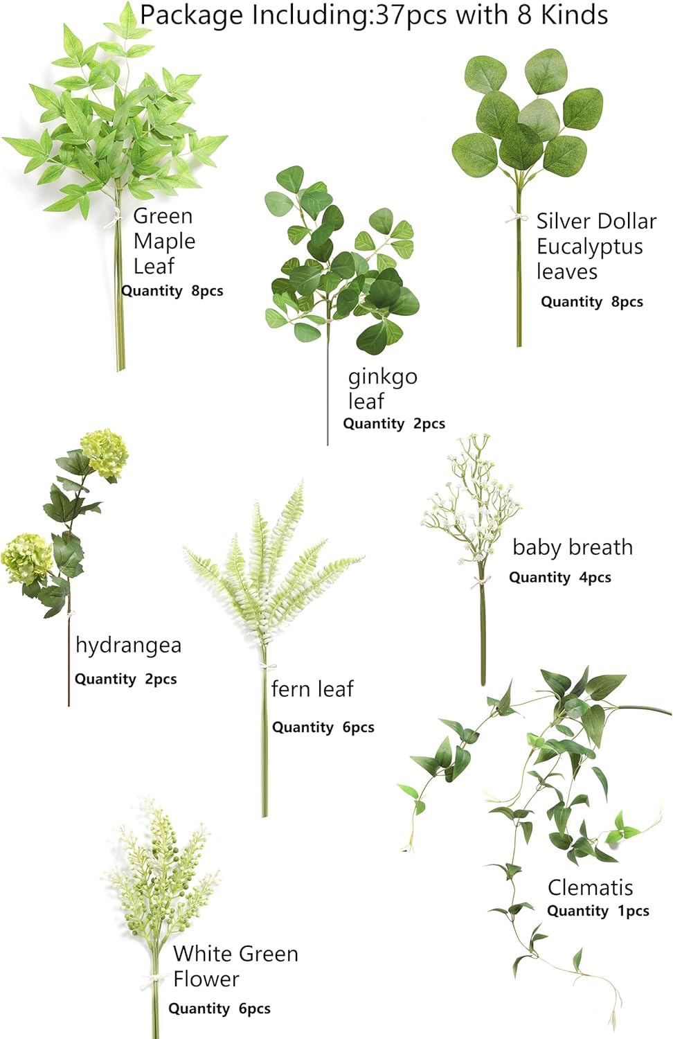 Serra Flora Artificial Greenery Stems Box Set,(Pack of 37pcs) with 8 Kinds of Faux Pink Green Filler for DIY Bridal Bouquets Wedding Floral Arrangement Table Centerpieces