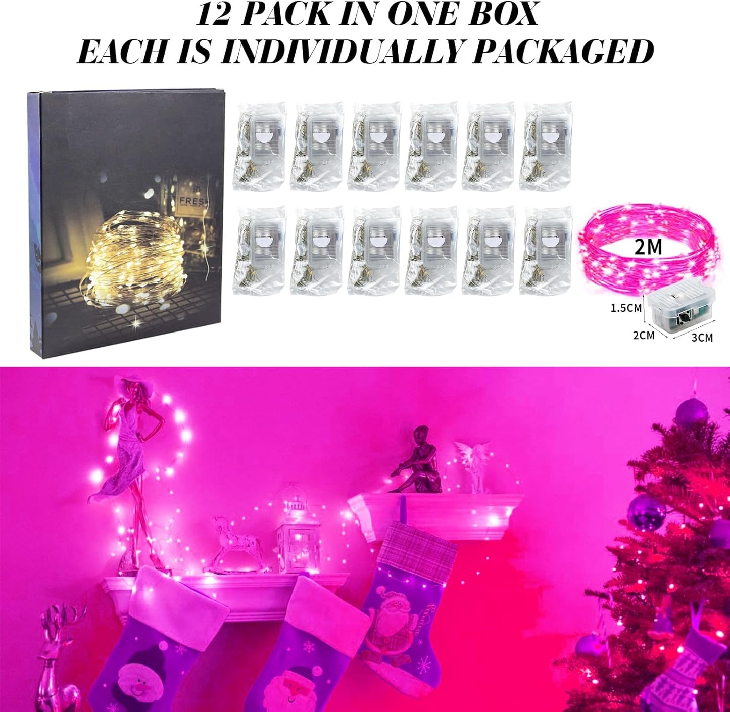 ZGWJ 12 Pack Fairy Lights Battery Operated, 7ft 20 Mini LED Fairy String Lights Silver Wire 3 Modes for DIY, Parties, Wedding, Bedroom, Halloween Christmas Decoration Pink
