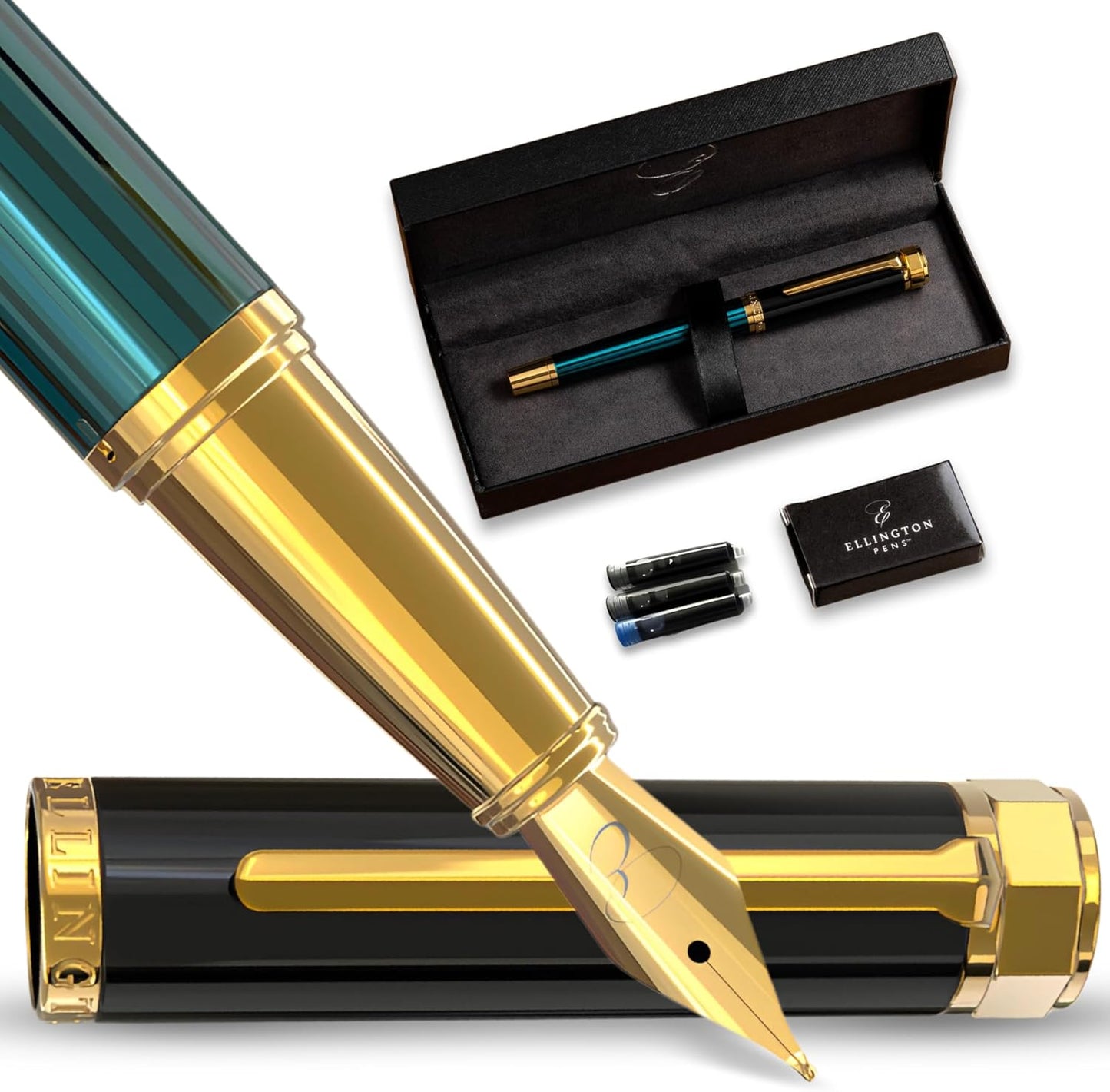 Ellington Pens Luxury Fountain Pen Set- Fountain Pens for Writing - Smooth Medium Nib - Includes Refillable Ink Converter, 3 Ink Cartridges [Black & Blue], Gift Box - Elegant Calligraphy