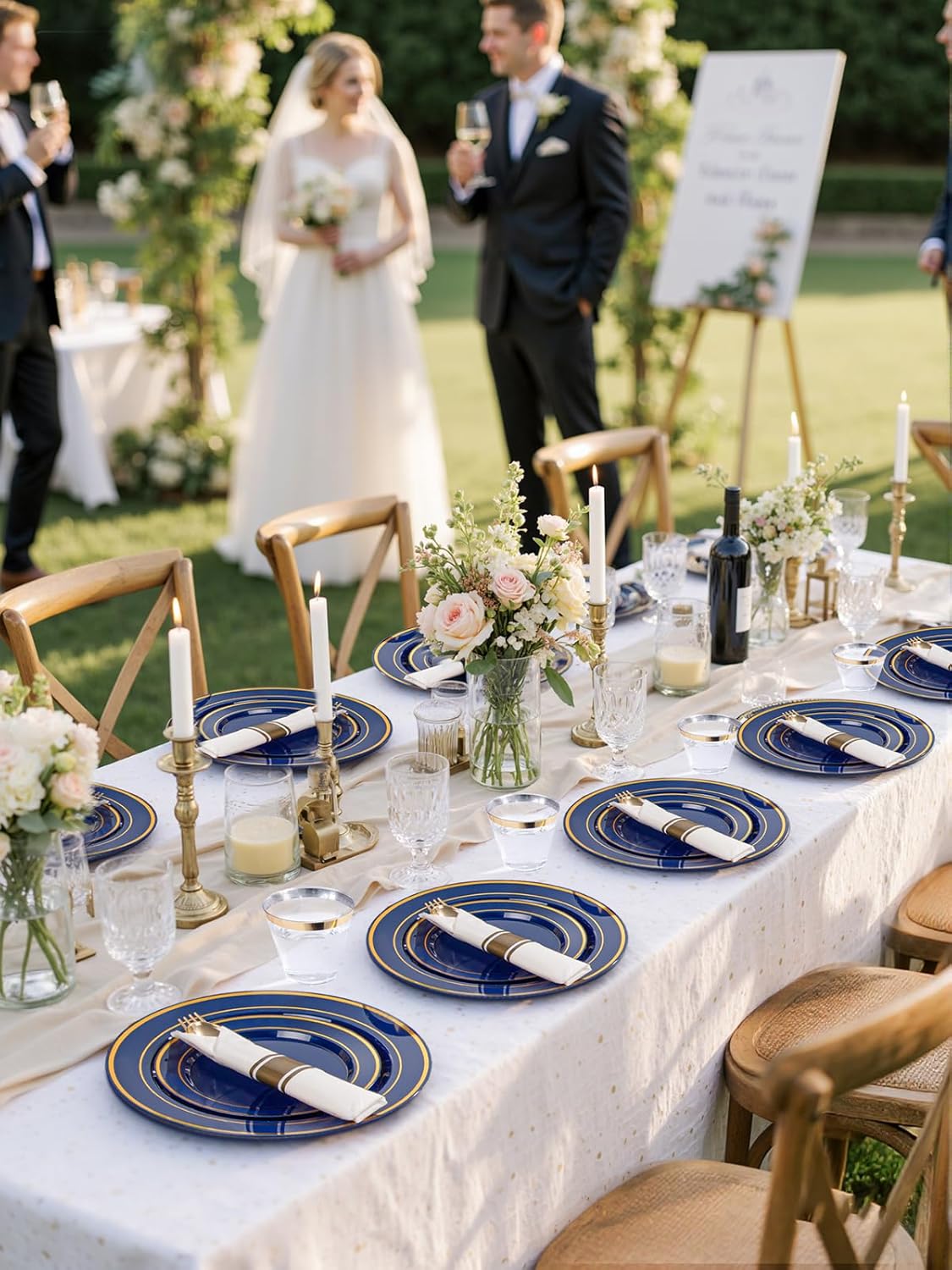 350PCS Blue and Gold Plastic Plates - Navy Blue Plastic Plates with Rolled Napkins - Include 25 Dinner Plate 10’’, 25 Dessert Plate 7’’, 25 gold Cups 9 OZ, 25 Pre Rolled Napkins for Party/Wedding