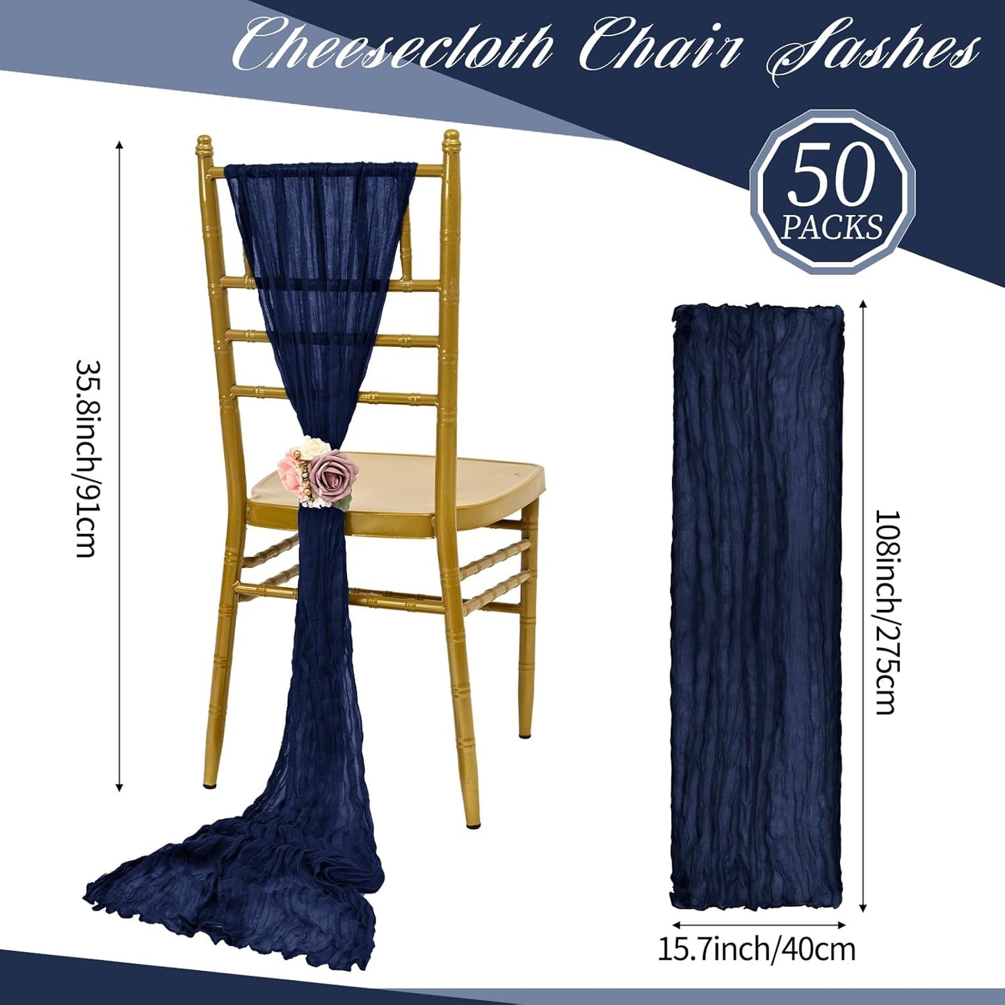 50 PCS Cheesecloth Chair Sashes, Bows Designed ChairSashes, 15.7x108 inch Chair Sashes for Aisle Decorations Universal Chairs Cover Decoration for Wedding Reception Party Banquet (Navy Blue)