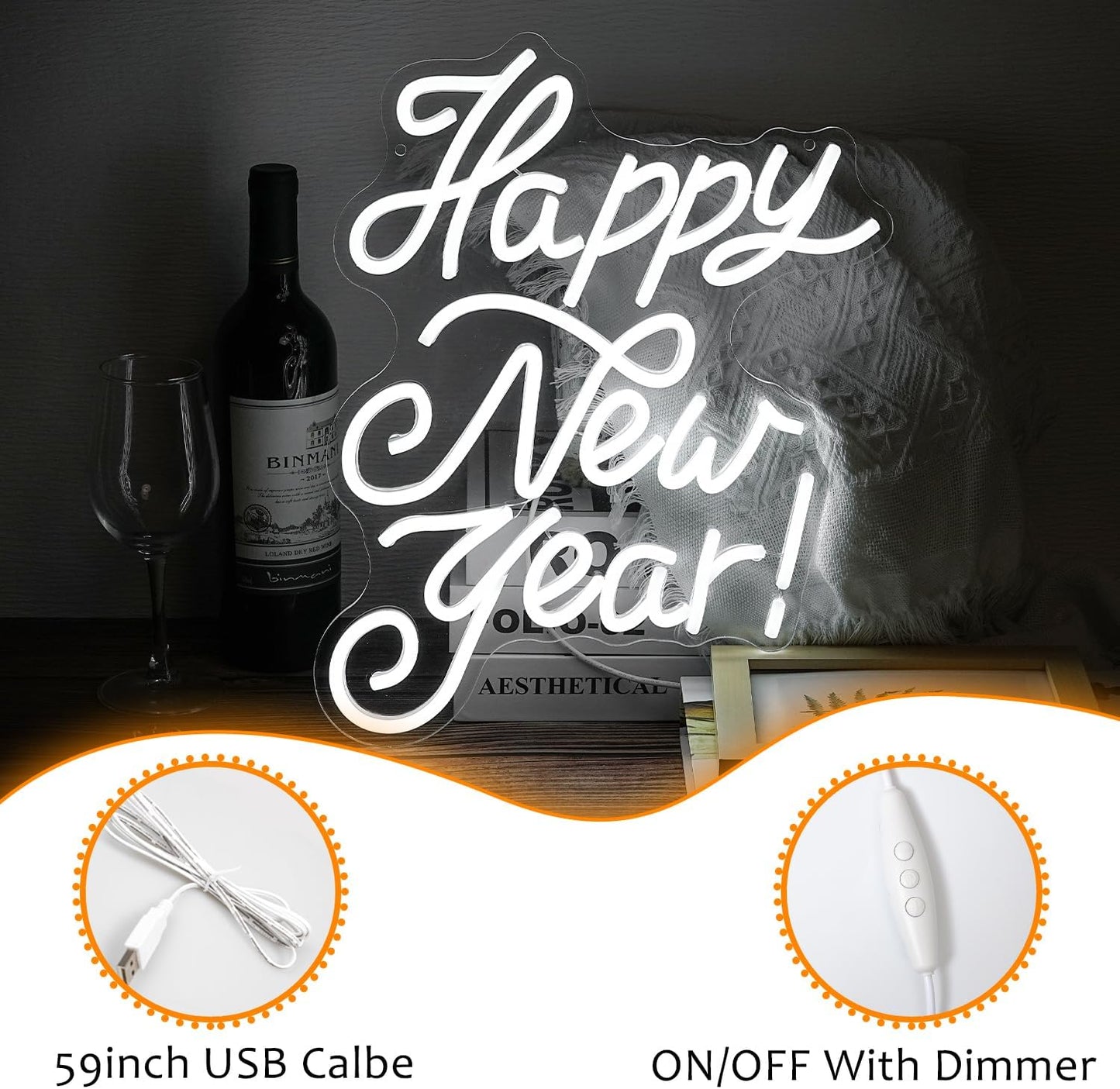 Happy New Year Neon Sign Led Spring Festival Neon Lights for Wall Decor Usb New Year Party Light Up Signs for Home Bedroom Christmas Business Decorations Gifts for Friends