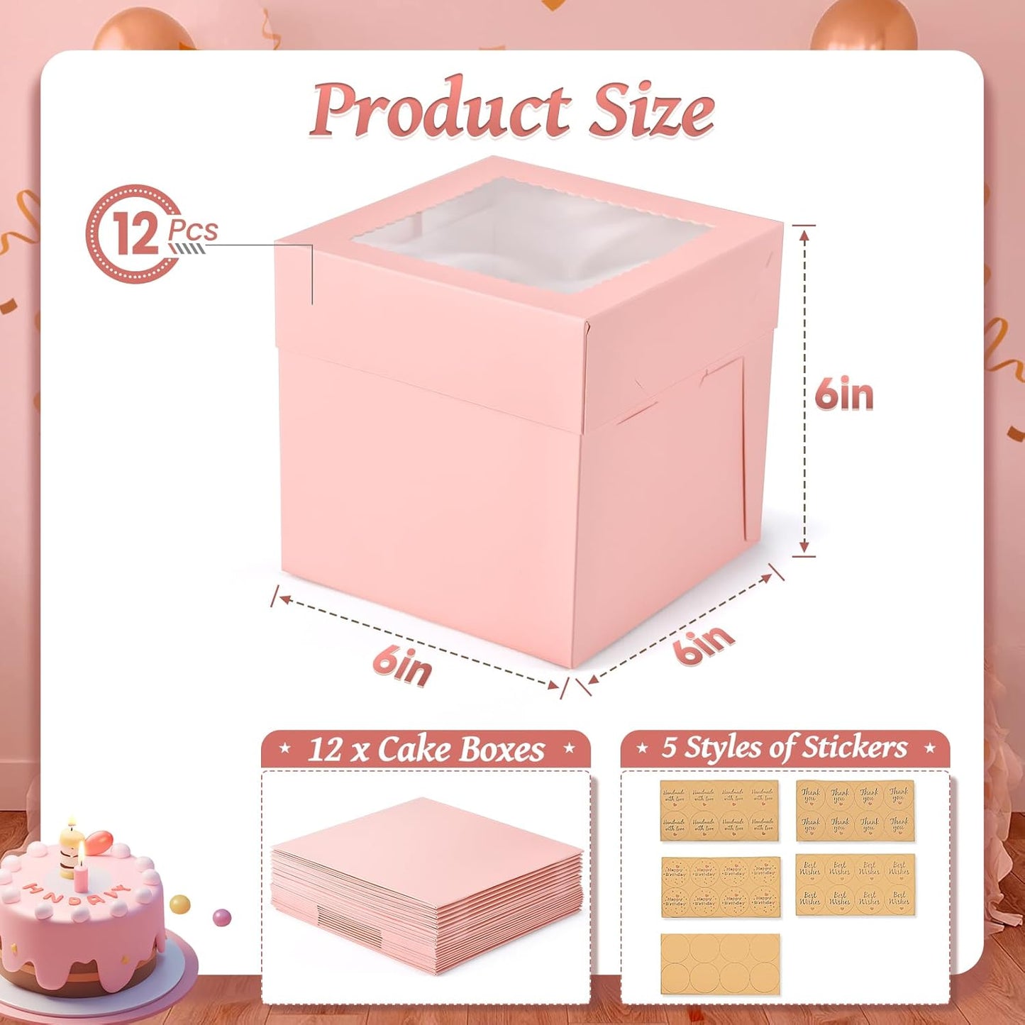 12Pcs 6x6x6 Inches Small Cake Boxes, Pink Square Bakery Boxes with Window, Mini Cake Containers for Pastries, Cookies, Chocolates, Cupcakes, Birthday Party Cajas Pasteles