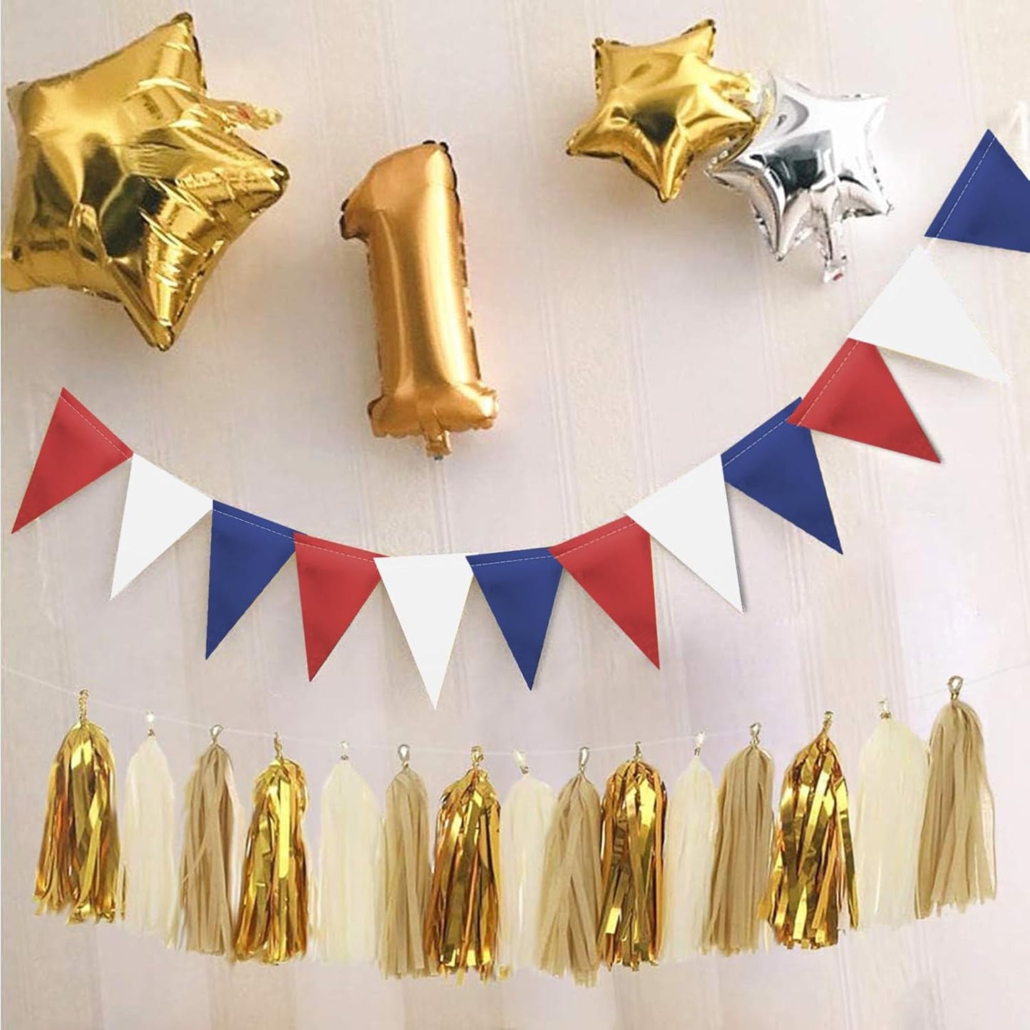 MerryNine Triangle Flag Bunting Banner, 3 Pack Vintage Style Pennant Banner for Wedding, Baby Shower, Event & Party Supplies 45pcs Flags (Red Blue White)