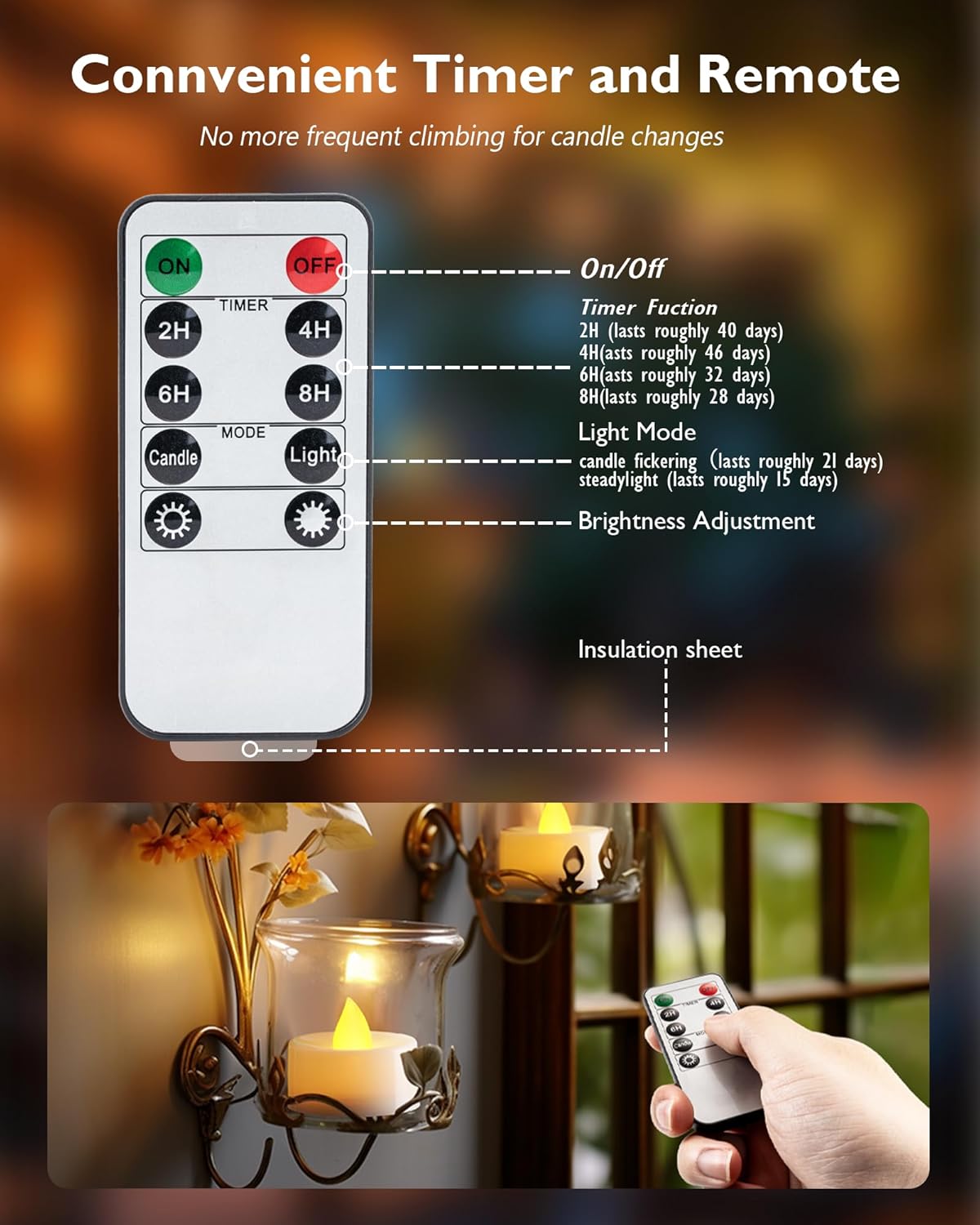 Homemory 24pcs Flameless LED Tea Lights with Remote & Timer, 400+Hours Realistic Flickering Battery Candles for Seasonal, Tabletop, and Centerpieces Decor