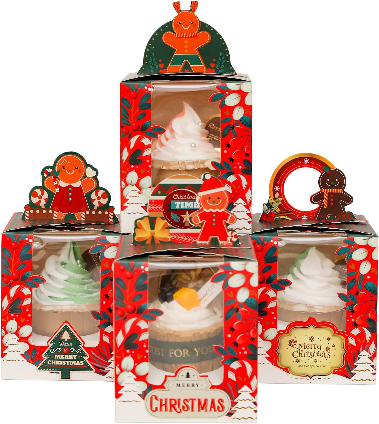 qiqee Christmas Individual Cupcake Boxes 50pcs Individual Cupcake Boxes with Window 3.7" 3.7"*4.5" Cupcake Box for Christmas