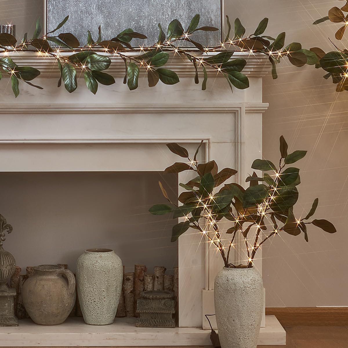 Fudios Magnolia Branches Lights with Timer 32IN 60 LED Battery Operated or USB Plug in Artificial Greenery Magnolia Stems for Spring Decor