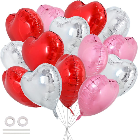 TONIFUL 30Pcs 18 Inch Heart Balloons Red Silver Pink Valentine’s Day Heart Shape Foil Mylar Balloons Decoration for Valentine's Day Wedding Bridal Shower Anniversary Engagement Party Supplies