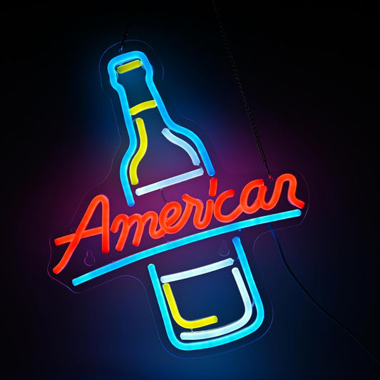 American Beer Neon Sign - Vintage Bottle LED Wall Light, Garage Bar Decor, Man Cave Lighting, Rustic Tavern Sign, USB Powered Neon for Game Room