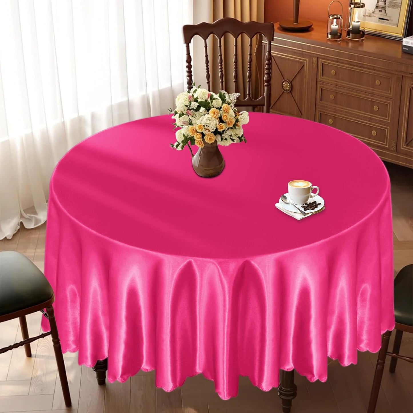 KKJIAF 1 Pack 108 Inch Round Table Cloth, Hot Pink Overlay Round Satin Table Cover, Silky Satin Dining Tablecloths for Wedding Buffet Parties Banquet Decoration