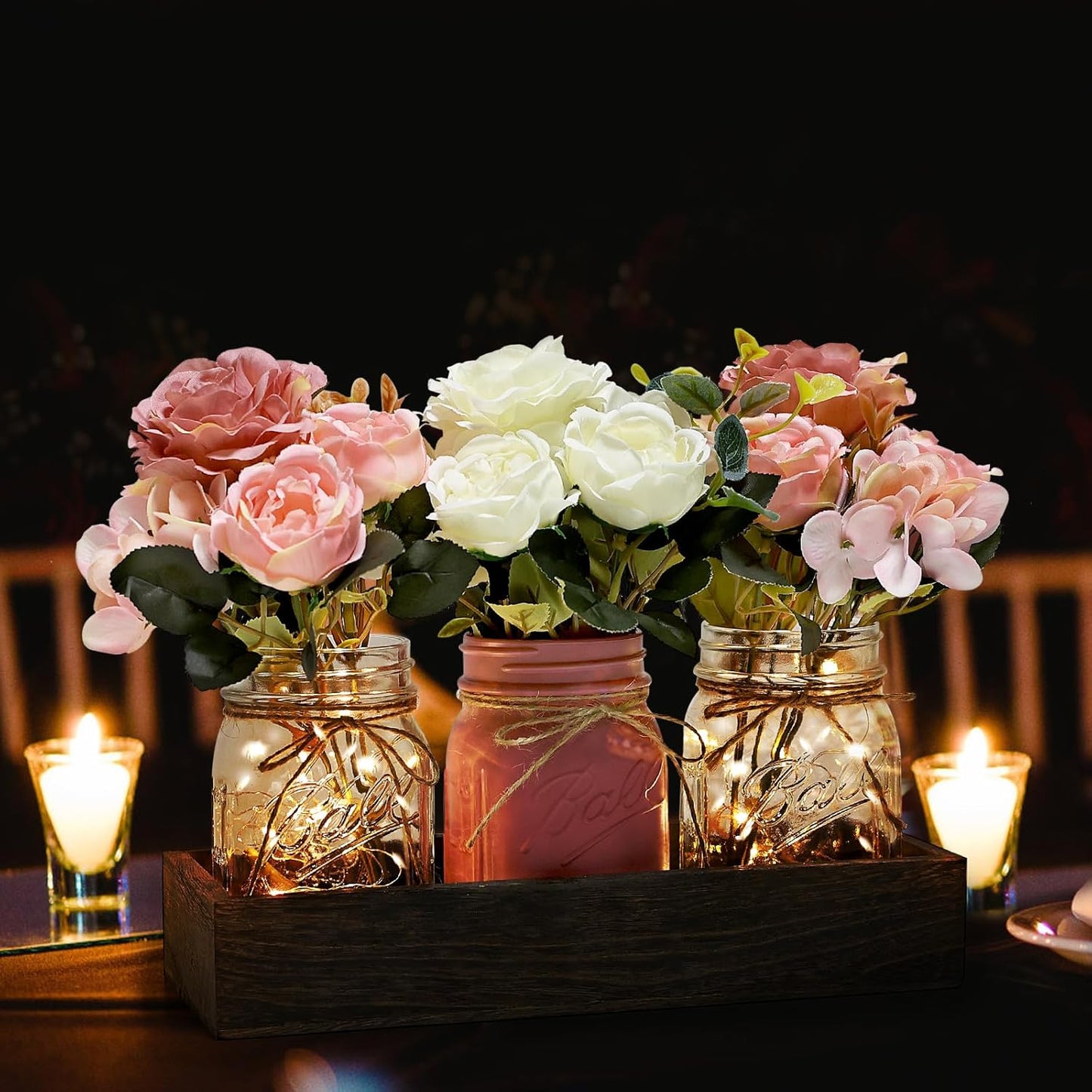 Mason Jar Lights Centerpiece for Table, Mason Jar Centerpiece Decor for Dining Room Farmhouse Coffee Table Decor with Wood Tray Fairy Lights Fake Peony Flowers for Kitchen Living - Pink White