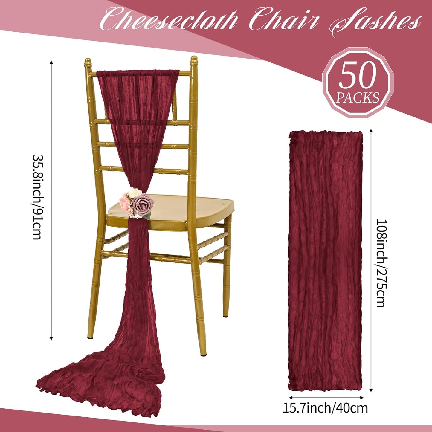 50 PCS Cheesecloth Chair Sashes, Bows Designed ChairSashes, 15.7x108 inch Chair Sashes for Aisle Decorations Universal Chairs Cover Decoration for Wedding Reception Party Banquet (Burgundy)