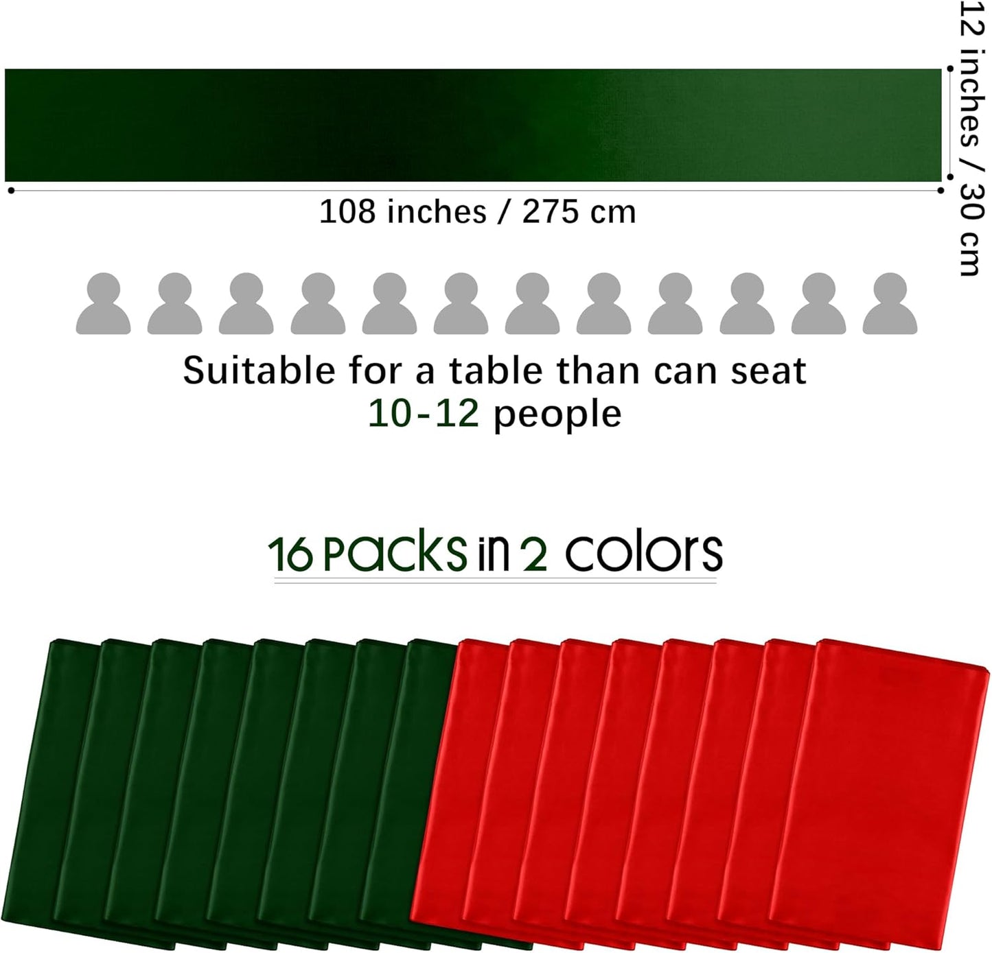 Aneco 16 Pack Christmas Satin Table Runner 12 x 108 Inch Xmas Red, Black Green Long Wedding Satin Silk Table Runner for Wedding Banquet Graduations Birthday Christmas Party Decoration