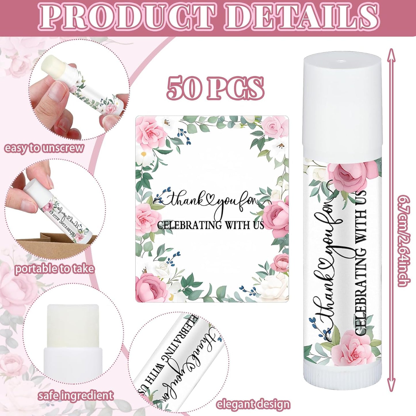 50 Pcs Pink Flowers Wedding Bridal Shower Gifts Bulk Floral Lip Balm Baby Shower Party Favors Thank You Appreciation Gifts for Women Tea Bachelorette Party