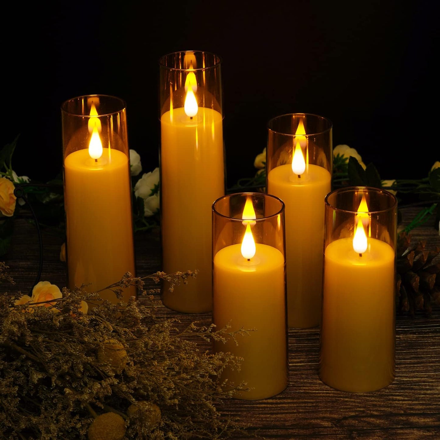 Amagic Flickering Flameless Candles, Battery Operated Candles, Amber Gold Acrylic LED Pillar Candles with Remote and Timer, 3D Wick, Yellow and Blue Glow, D2.2 xH5 5" 6" 7" 8", Set of 5