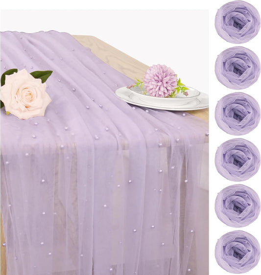 Set of 6 Pearl Table Runner 29 x 120 Inch Tulle Fabric Lace Table Runners Boho Rustic Tablecloth for Bridal Shower Birthday Party Wedding Arch Aisle Veil Dessert Table Decor(Light Purple)