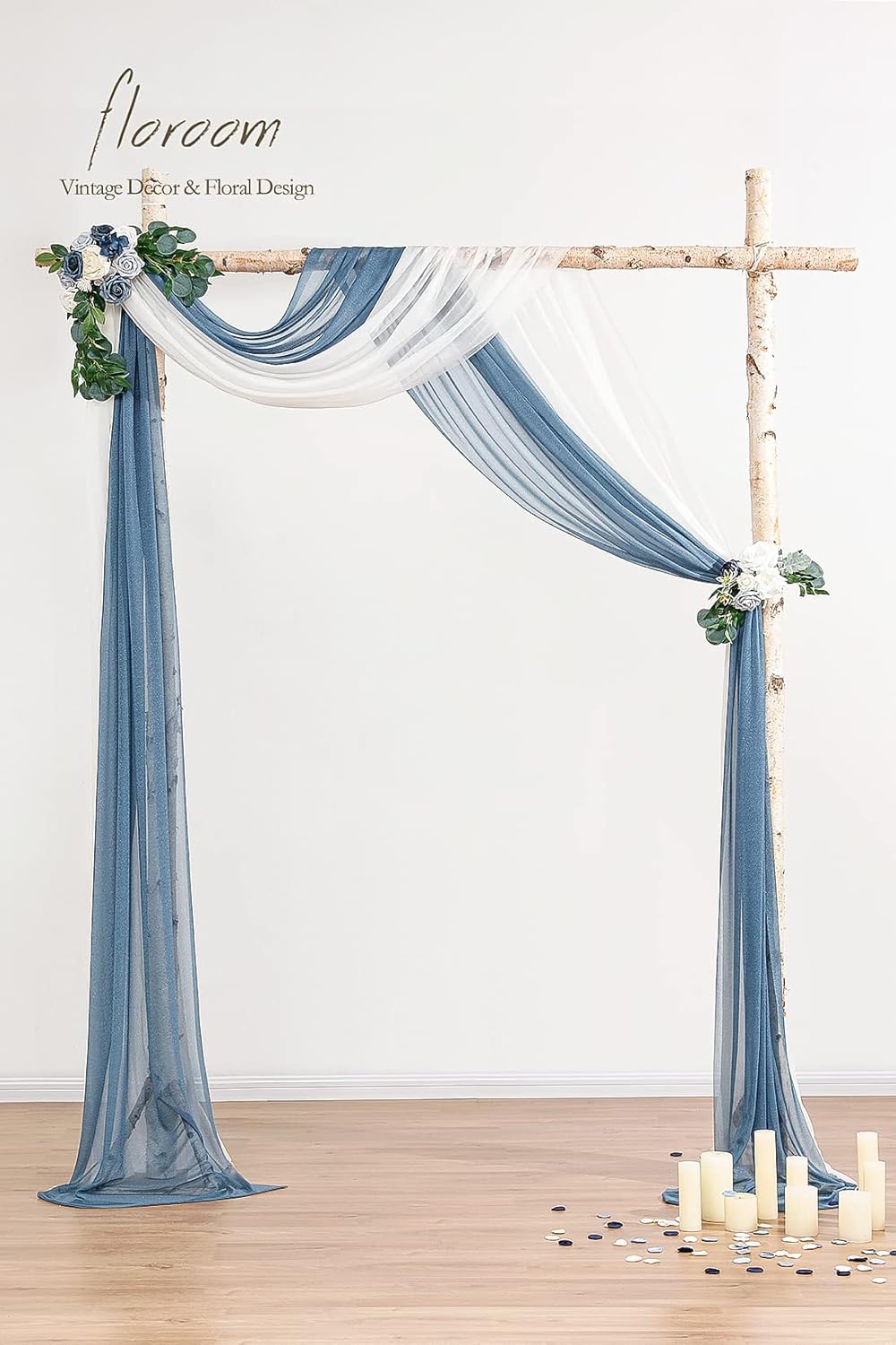 Floroom Wedding Arch Draping Fabric 2 Panels 20Ft Chiffon Fabric Drapes Arbor Drapery Wedding Ceremony Reception Swag Decorations (White & Dusty Blue)