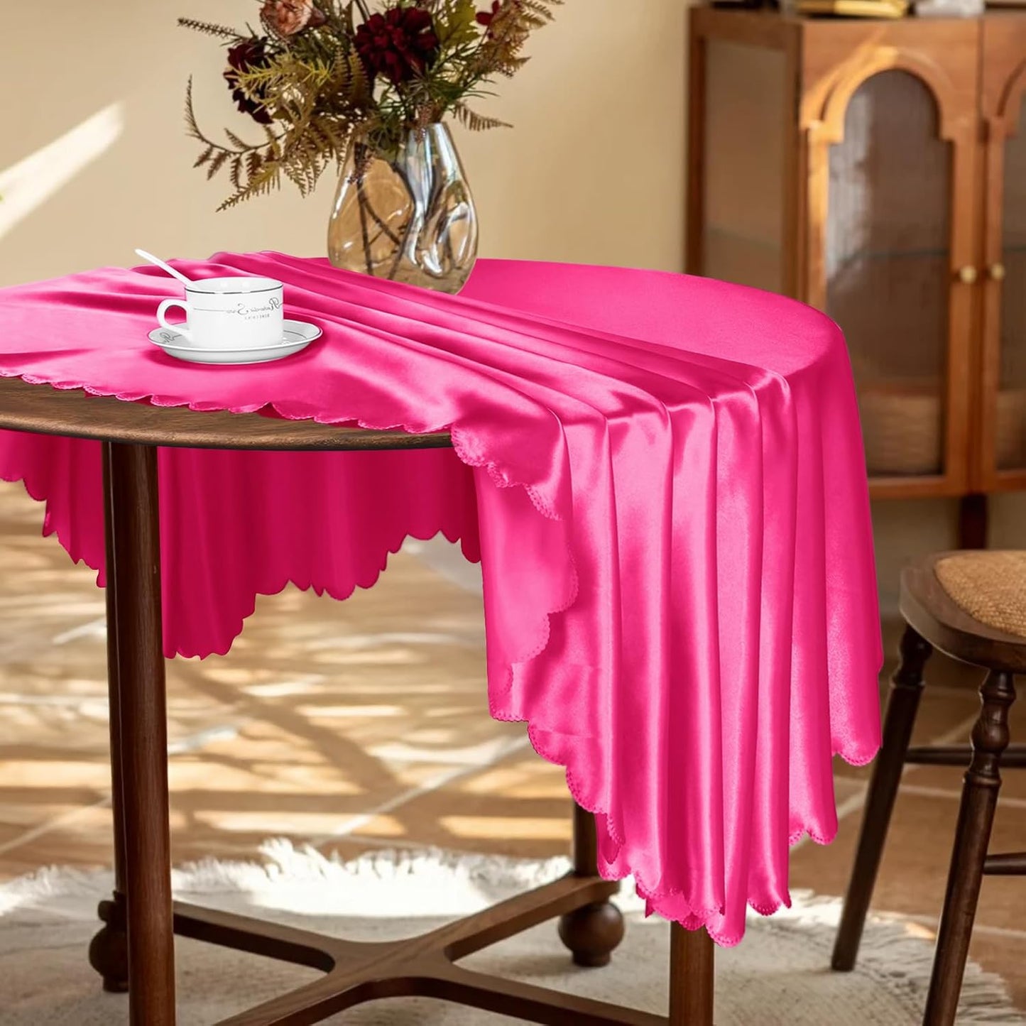 KKJIAF 1 Pack 60 Inch / 5ft Round Table Cloth, Hot Pink Overlay Round Satin Table Cover, Silky Satin Dining Tablecloths for Wedding Buffet Parties Banquet Decoration