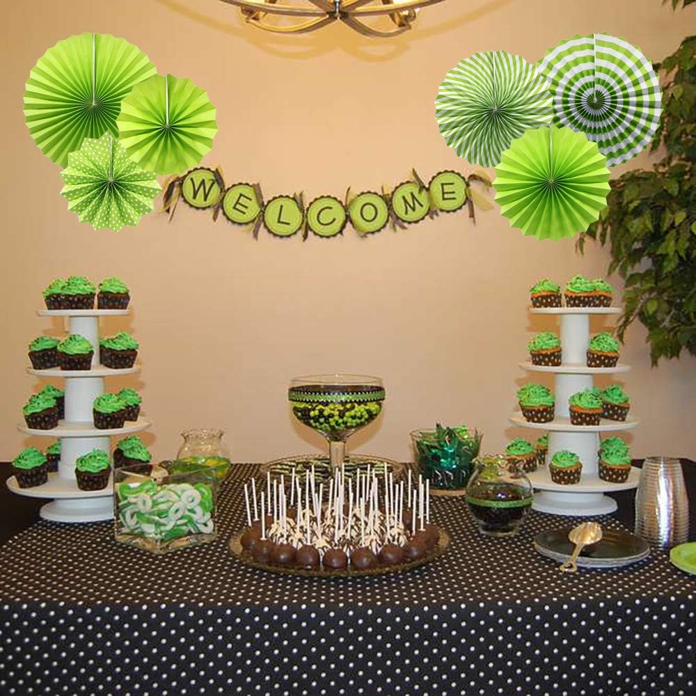 ADLKGG Party Hanging Paper Fans Set, Green Round Pattern Paper Garlands Decoration for Birthday Wedding Graduation Events Accessories, Set of 6