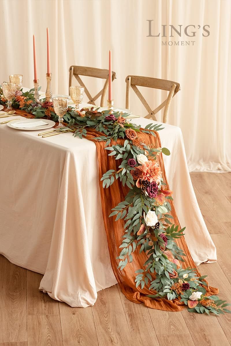 Ling's Moment Terracotta Flower Garland - 6FT Eucalyptus & Rose - Sweetheart Table Decor for Wedding Reception, Fall Artificial Floral Garland for Mantle, Christmas Decoration, Burnt Orange