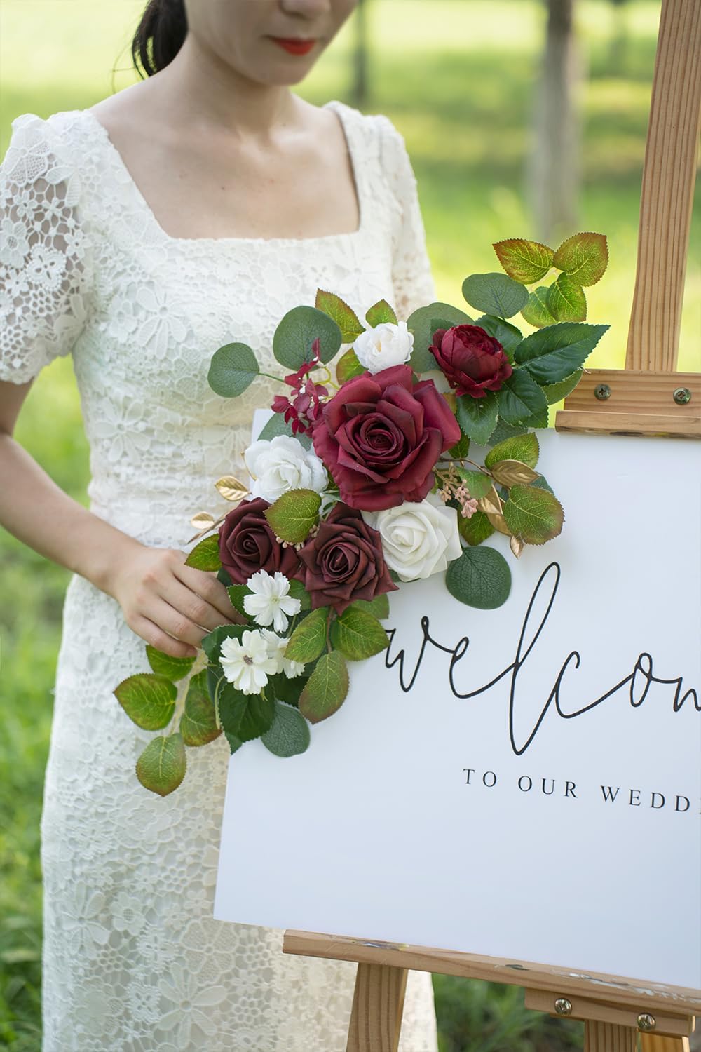 WEIERYUE(Pack of 2 Artificial Flowers Decorations,Artificial Arch Backdrop Garlandfor Ceremony Party Reception Entrance Welcome Easel Door Floral Decor Wall Home Entryway Outdoor(Wine red)