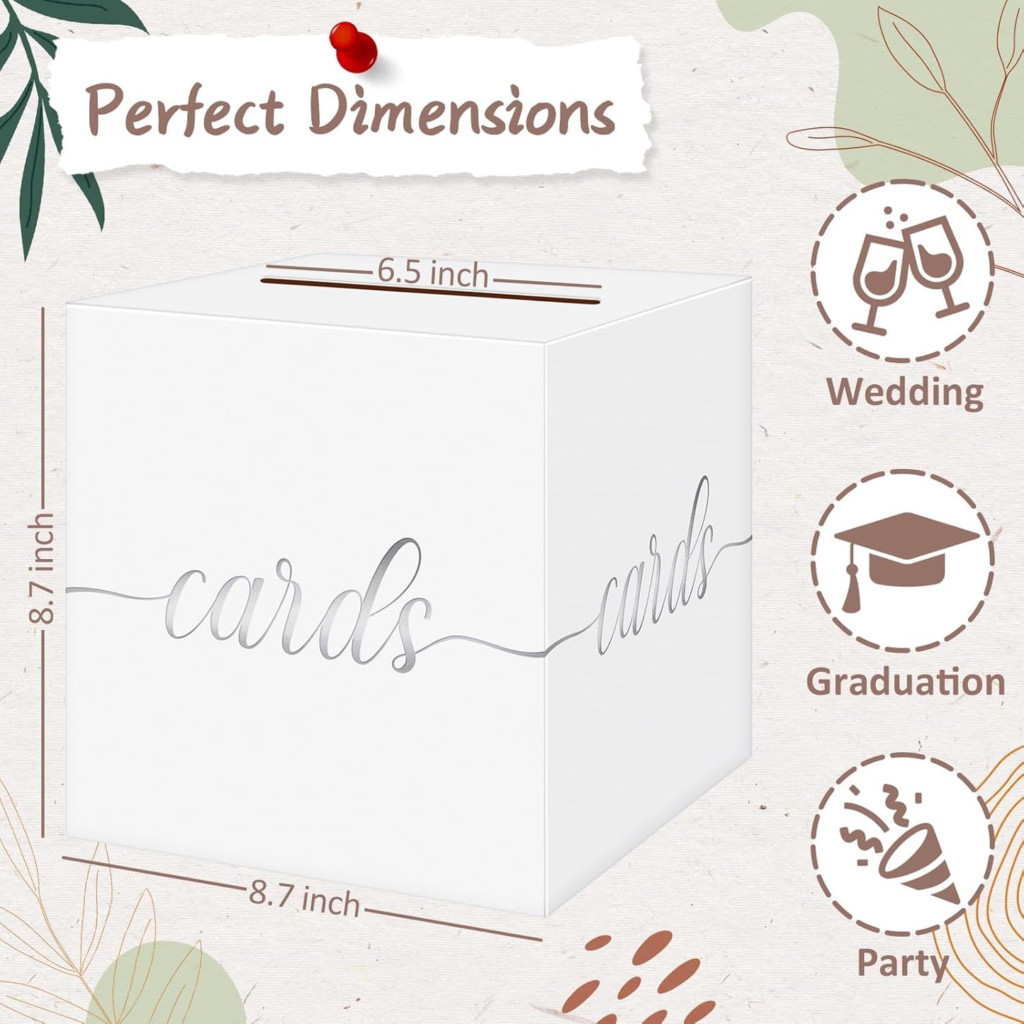 QIKSION White Wedding Card Box, Silver Foil Gift Card Box for Party, Wedding Reception, Graduation, Birthday, Baby Shower, Raffle