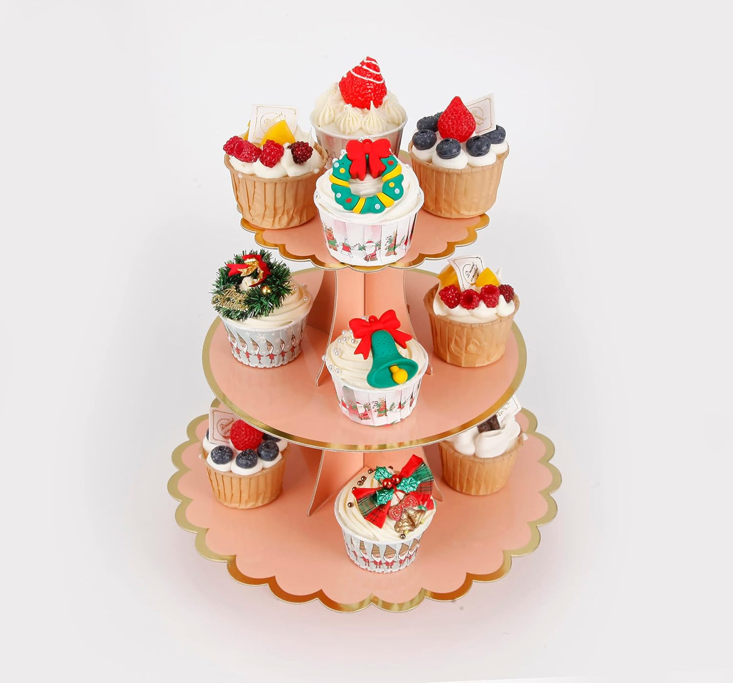 3-Tier Cupcake Stand, Pink Cake Stand Holder, Lace Tiered DIY Cupcake Stand Tower for Dessert Table Displays, Birthday Theme Party Favors Decoration, Floral Tea Party, 12" W x 12.8" H