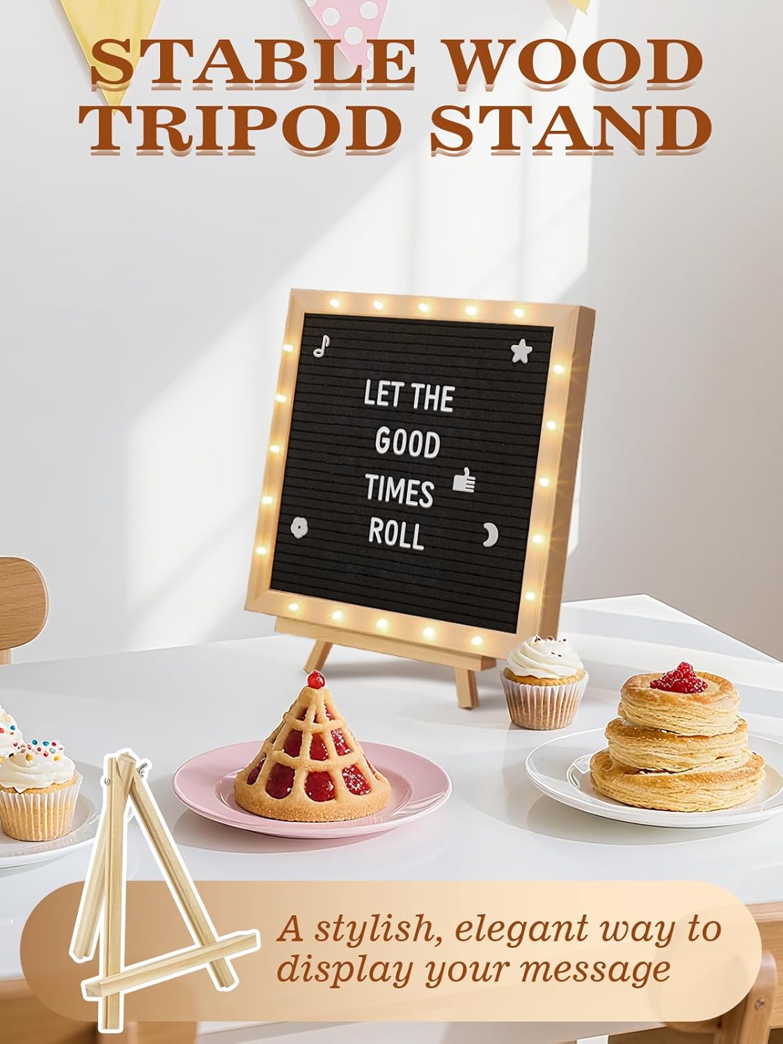 Light up Changeable Felt Letter Board Sign with LED Lights - 10×10" Message Board & Wood Stand & 450 Letters, for Halloween/Birthday/Event/Pregnancy/Baby Announcement/Home Wall Decor Gifts, Black